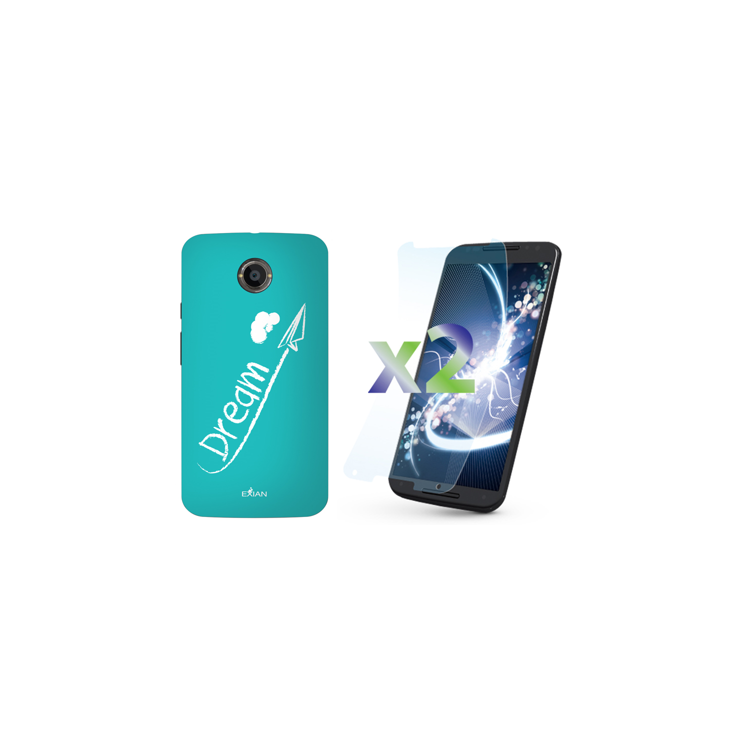 Exian Motorola Moto X2(2nd Gen) Screen Protectors X 2 and TPU Case Exian Design Dream on Teal