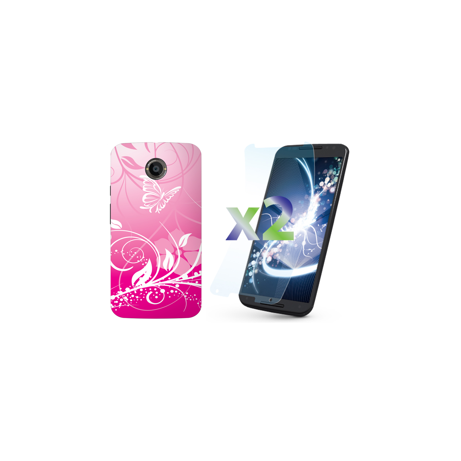 Exian Motorola Moto X2(2nd Gen) Screen Protectors X 2 and TPU Case Exian Design Flower & Butterfly Pink