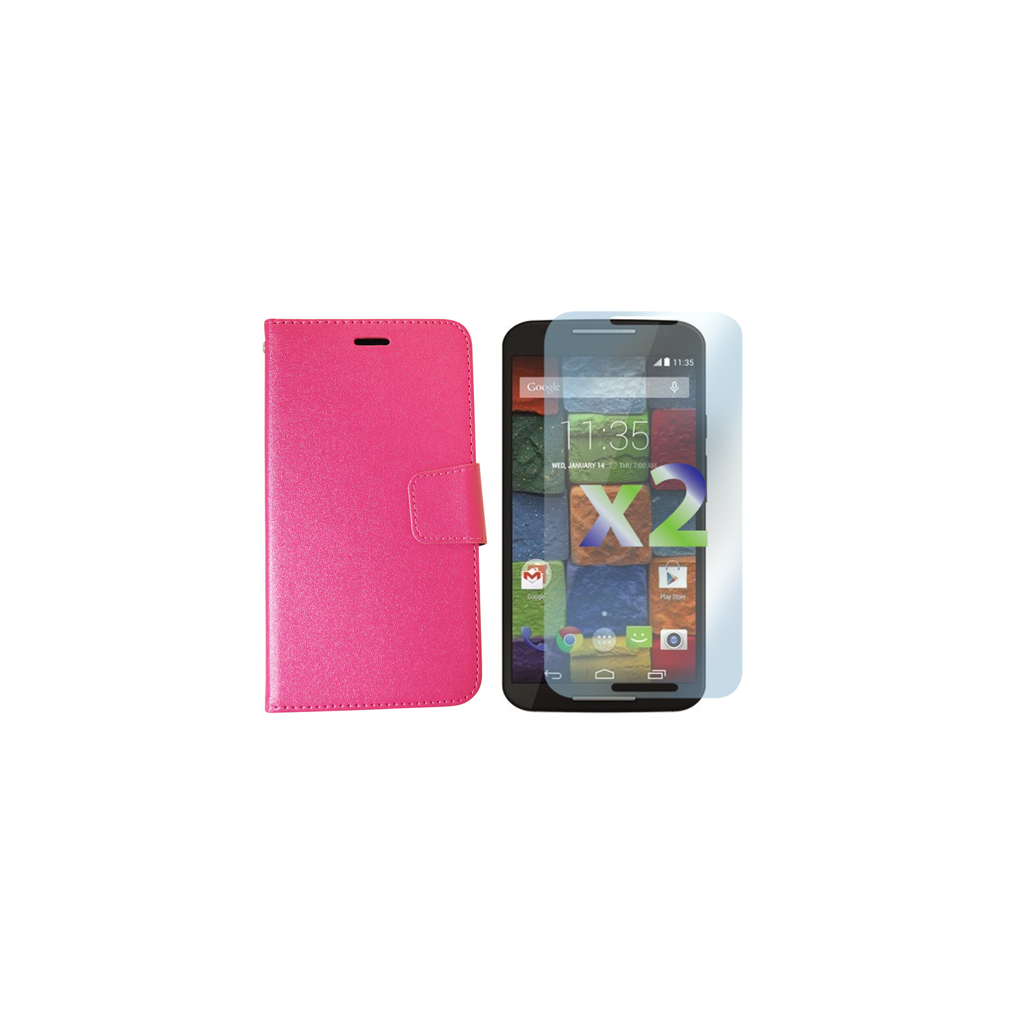 Exian Motorola Moto X2(2nd Gen) Screen Protectors X 2 and PU Leather Wallet Hot Pink