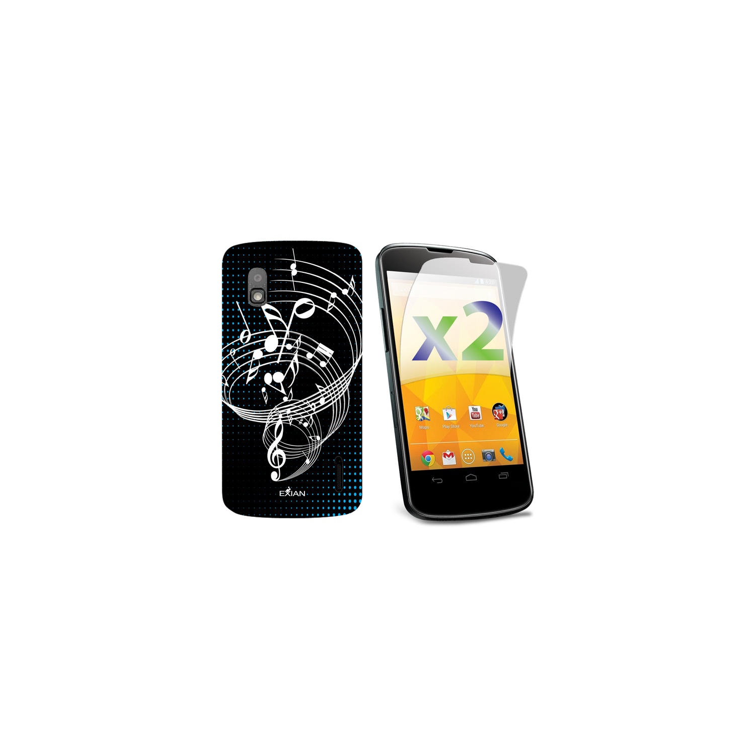 Exian Google LG Nexus 4 Screen Protectors X 2 and TPU Case Exian Design Musical Notes Black
