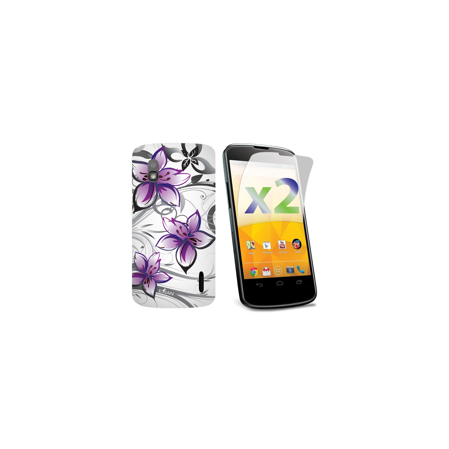 Exian Google LG Nexus 4 Screen Protectors X 2 and TPU Case Exian Design Purple Floral on White