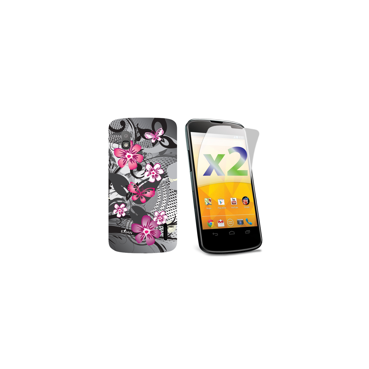 Exian Google LG Nexus 4 Screen Protectors X 2 and TPU Case Exian Design Flower & Butterfly Pink/Black