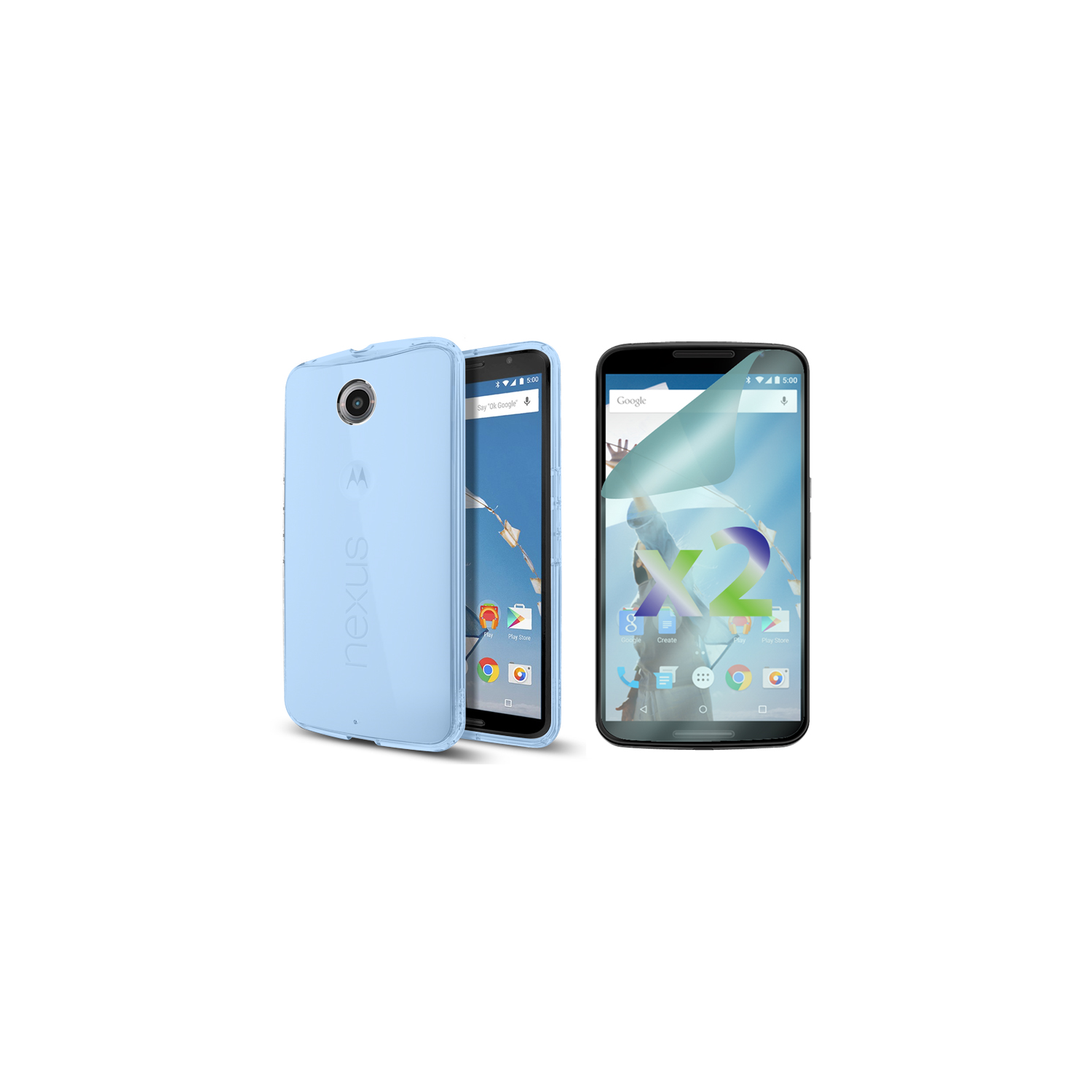 Exian LG Google Nexus 6 Screen Protectors X 2 and TPU Slim Case Transparent Blue