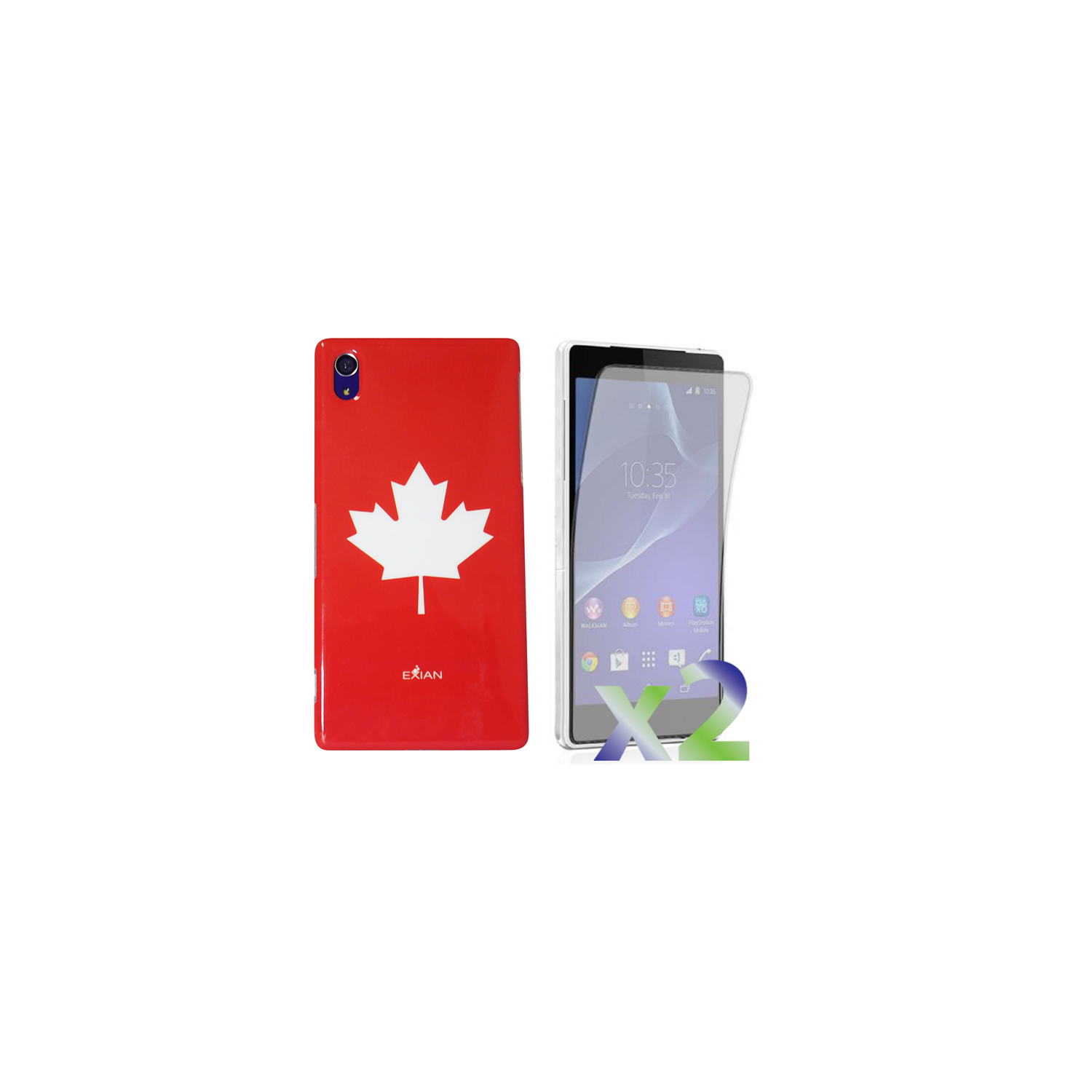 Exian Sony Xperia Z2 Screen Protectors X 2 and TPU Case Exian Design MapleLeaf Red