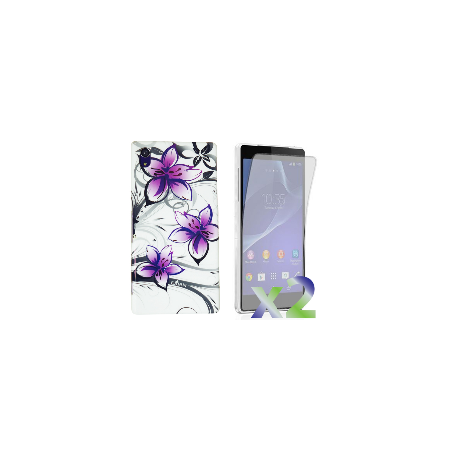 Exian Sony Xperia Z2 Screen Protectors X 2 and TPU Case Exian Design Purple Floral