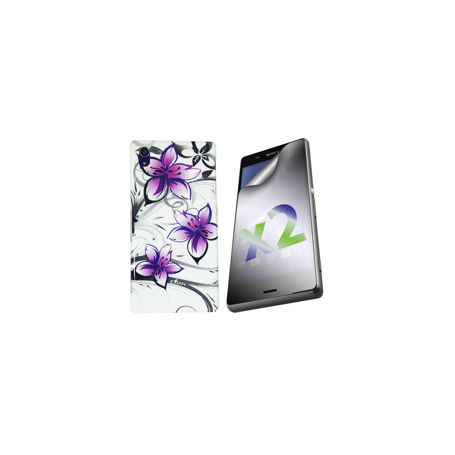 Exian Sony Xperia Z3 Screen Protectors X 2 and TPU Case Exian Design TPU Purple Floral