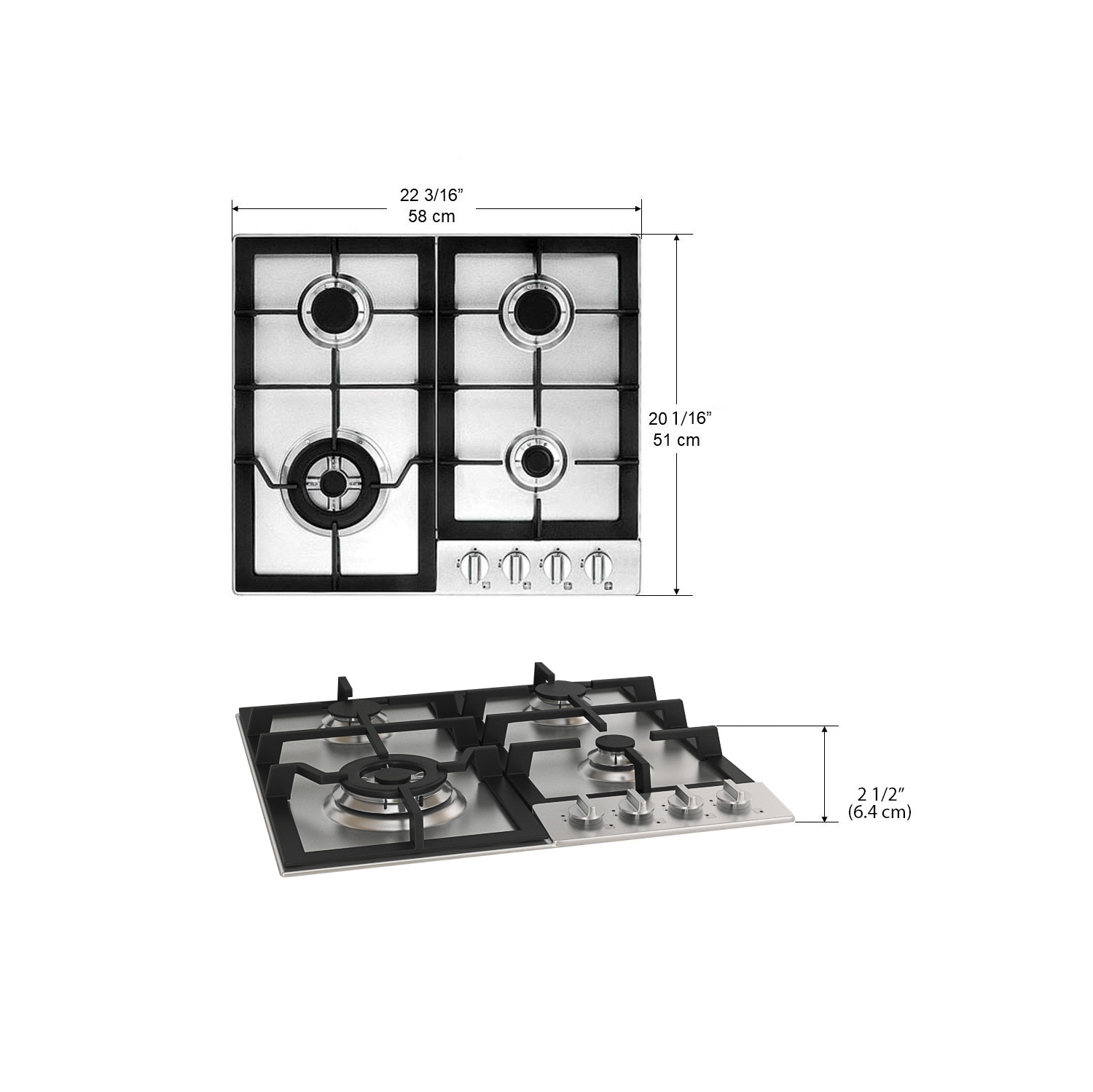 Surface de cuisson au gaz à 4 brûleurs de 24 po d'Ancona en acier inoxydable
