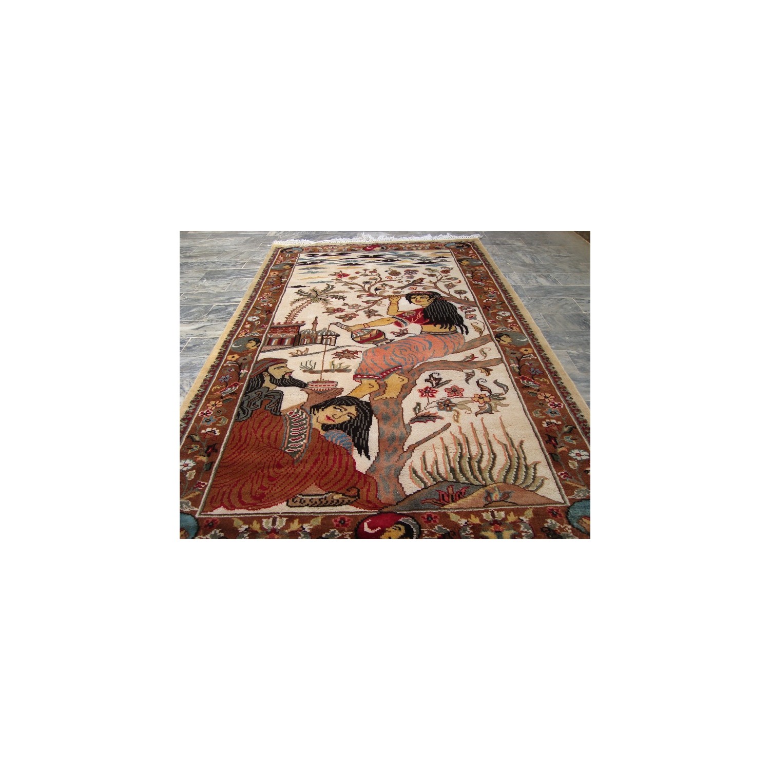 Ahmedani Love Umre Khayam King Queen Love Story Hand Knotted Wall Rug Wool Silk Carpet 4.11' x 3.1' Area Rug - Ivory