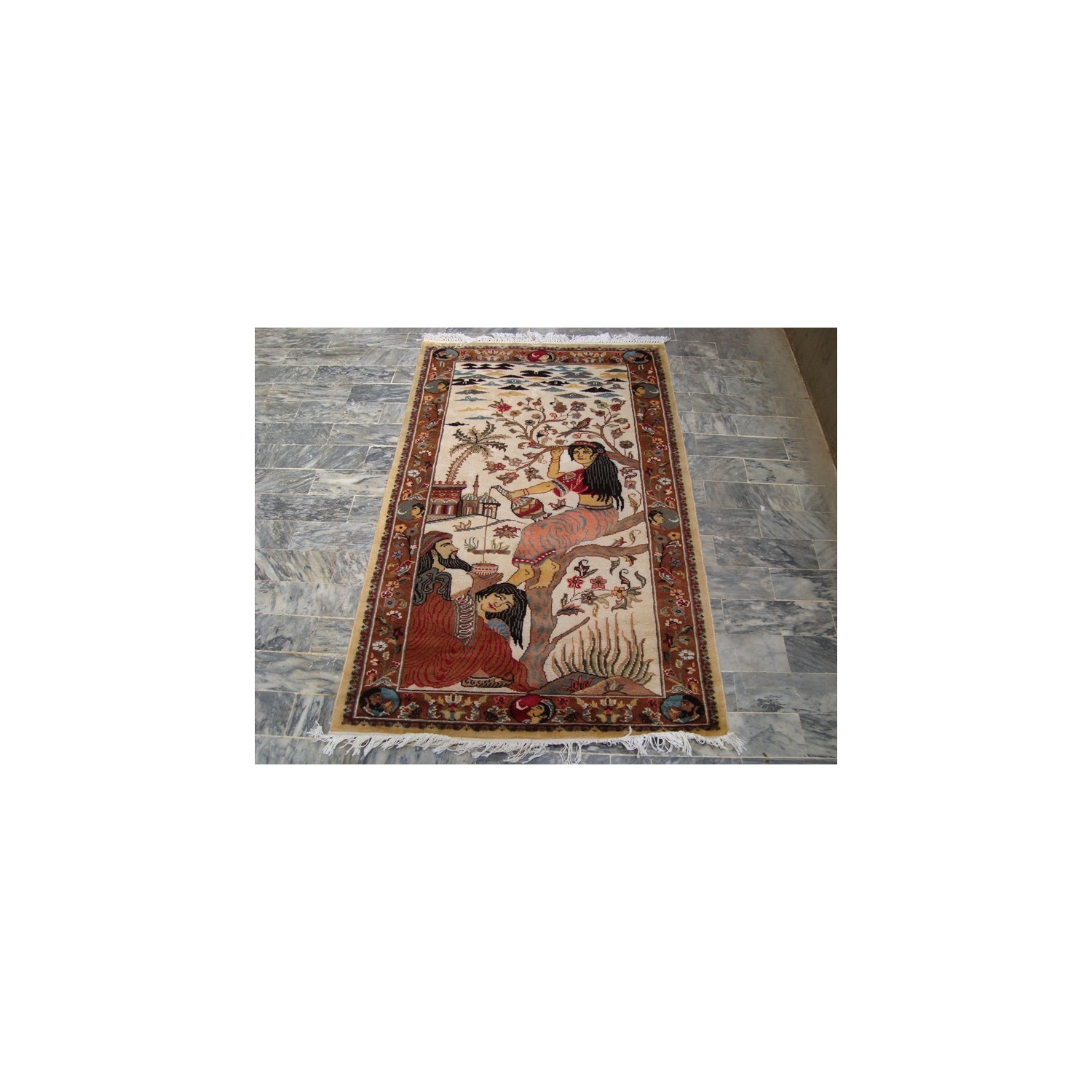 Ahmedani Love Umre Khayam King Queen Love Story Hand Knotted Wall Rug Wool Silk Carpet 4.11' x 3.1' Area Rug - Ivory