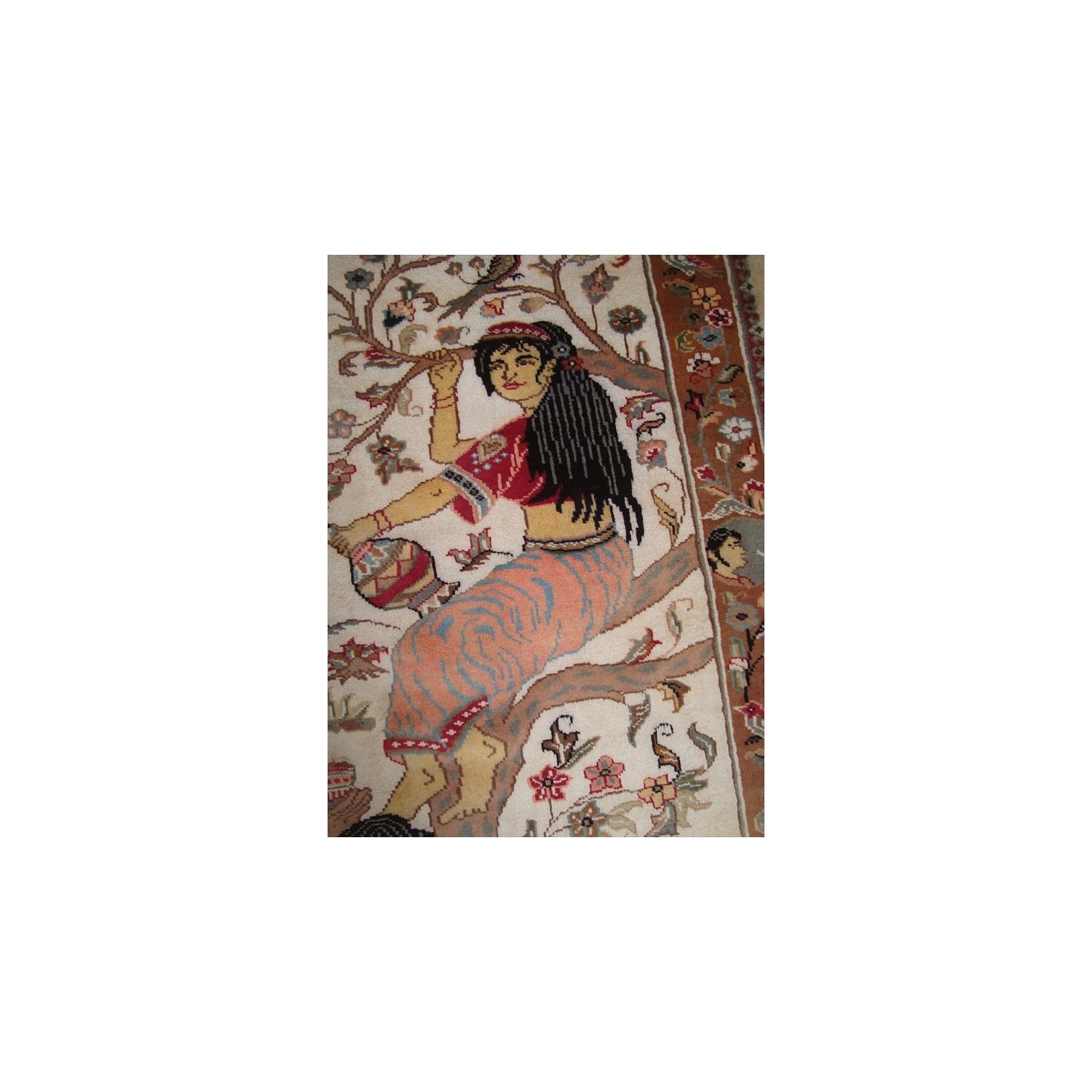 Ahmedani Love Umre Khayam King Queen Love Story Hand Knotted Wall Rug Wool Silk Carpet 4.11' x 3.1' Area Rug - Ivory