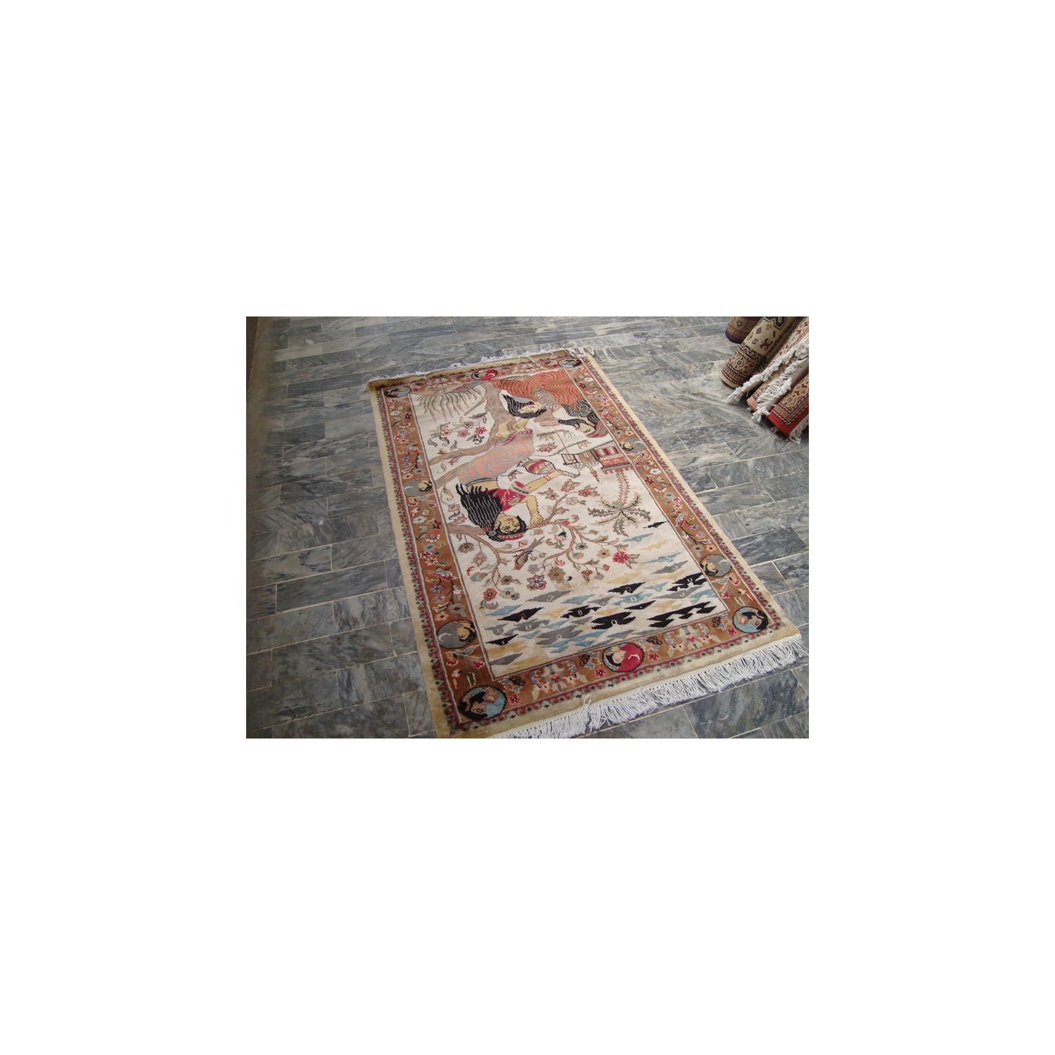 Ahmedani Love Umre Khayam King Queen Love Story Hand Knotted Wall Rug Wool Silk Carpet 4.11' x 3.1' Area Rug - Ivory