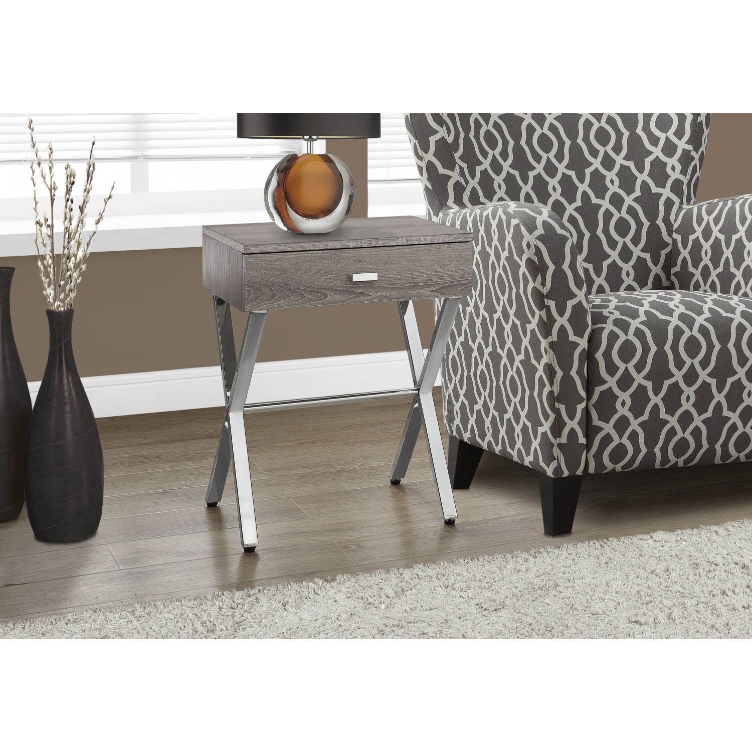 ACCENT TABLE - DARK TAUPE / CHROME METAL NIGHT STAND