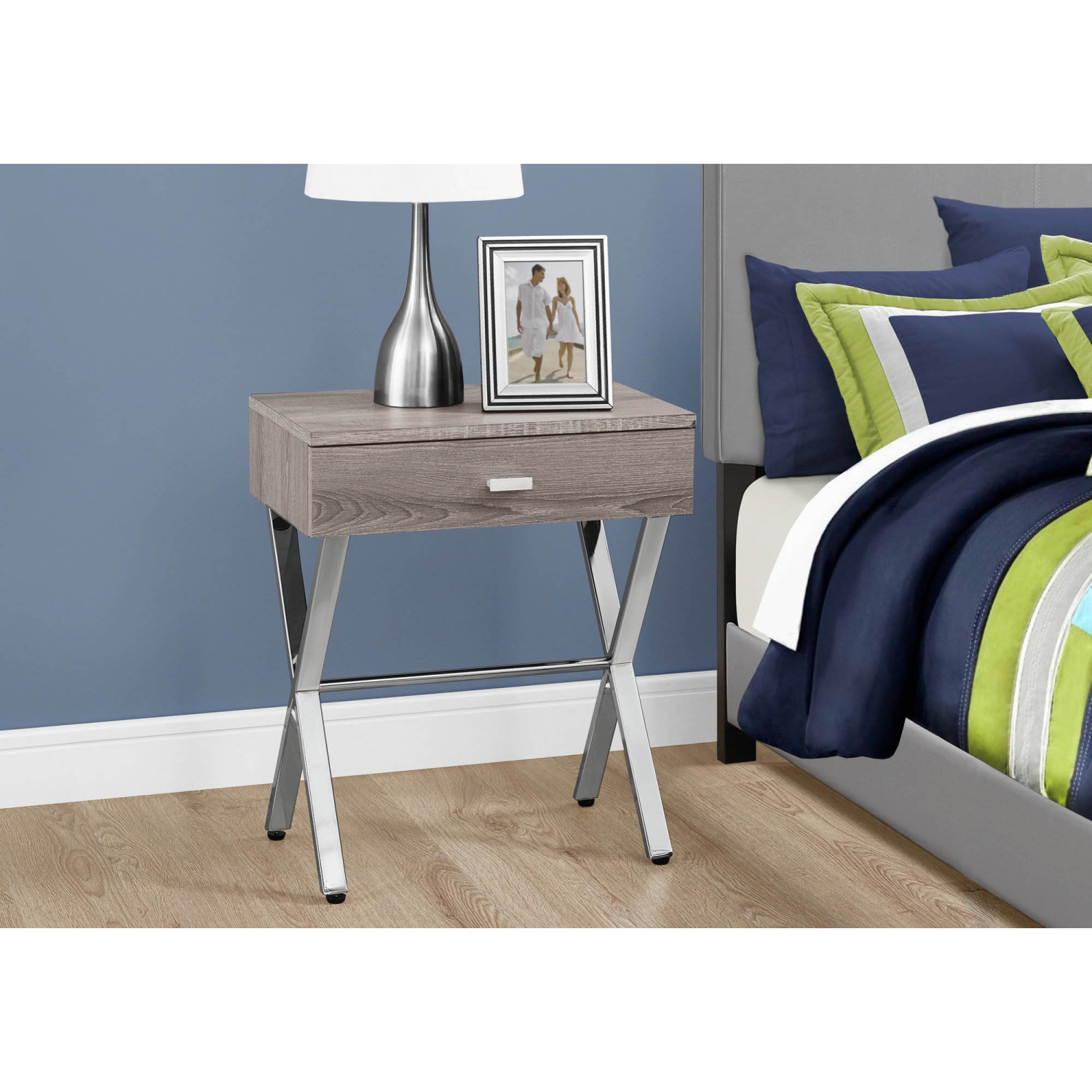 ACCENT TABLE - DARK TAUPE / CHROME METAL NIGHT STAND