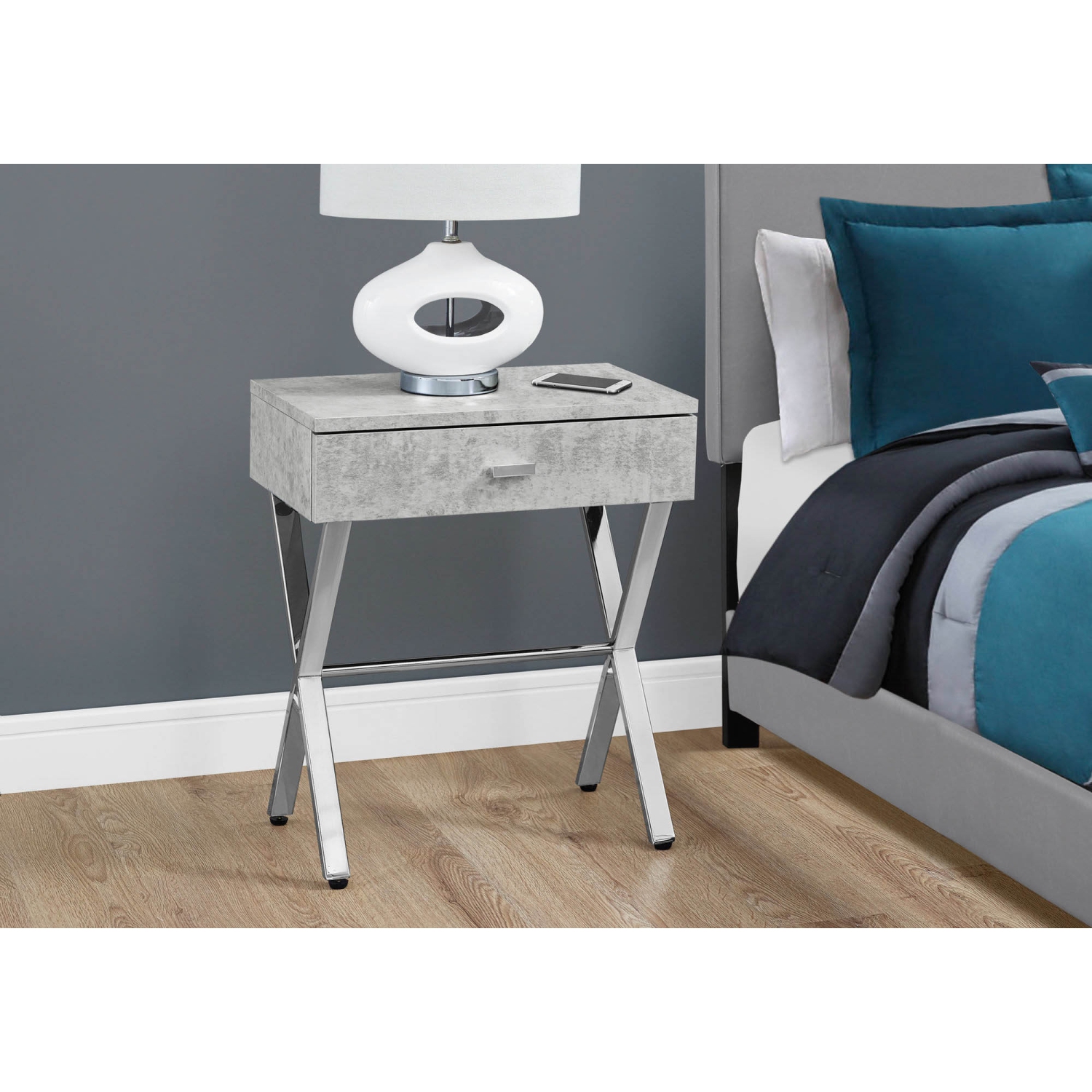 ACCENT TABLE - GREY CEMENT / CHROME METAL NIGHT STAND