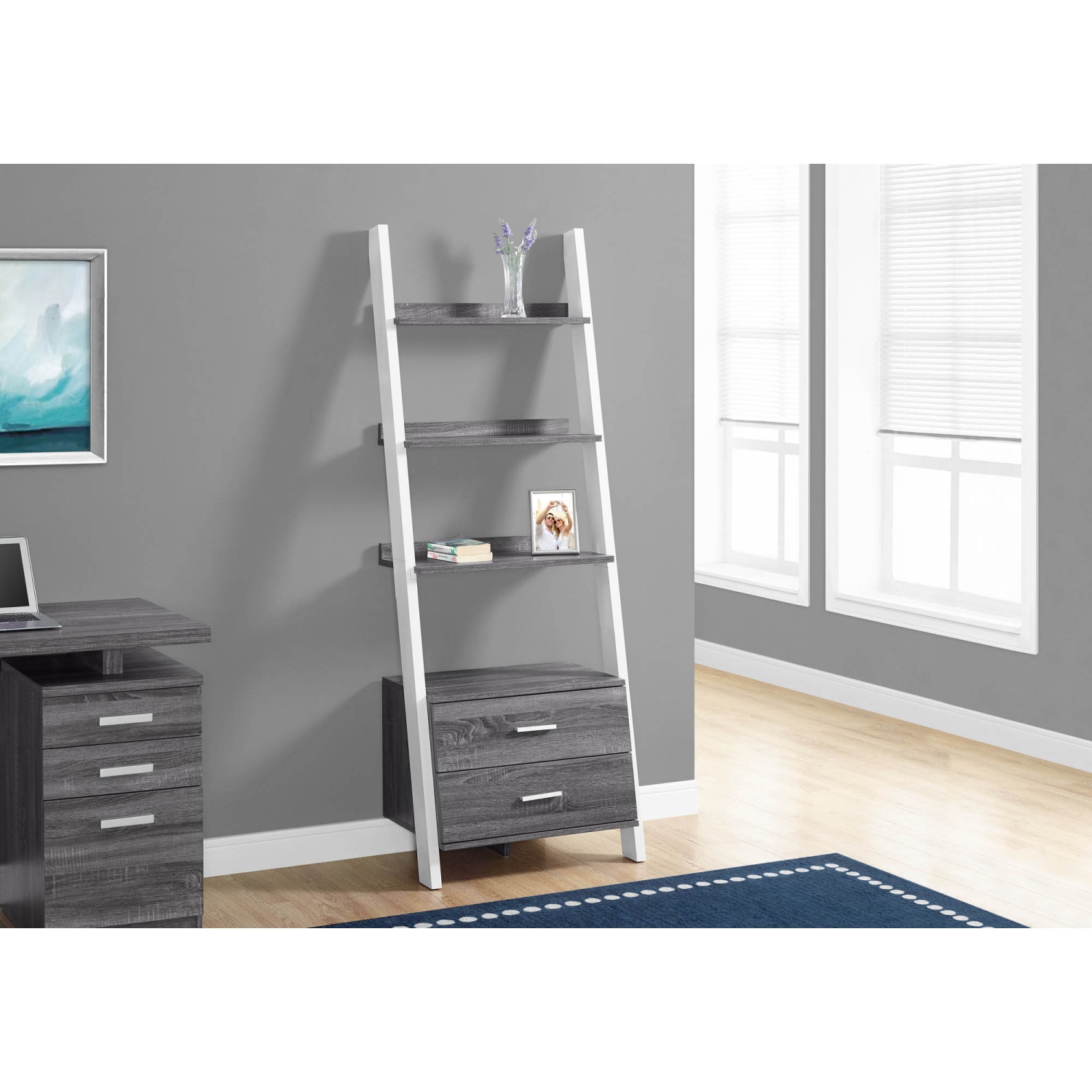 BOOKCASE - 69"H / GREY-WHITE LADDER WITH 2 STORAGE DRAWER