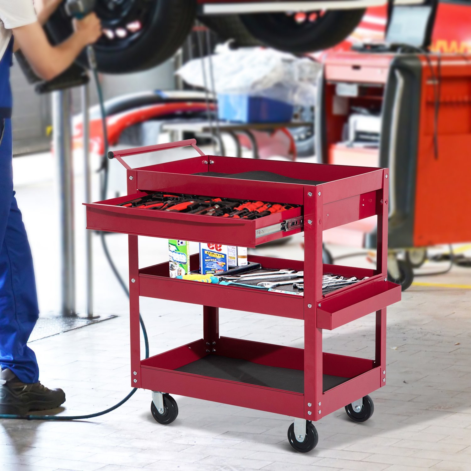 HOMCOM Rolling Tool Cart 3 Tray 1 Drawer Storage Chest Garage Utility Red