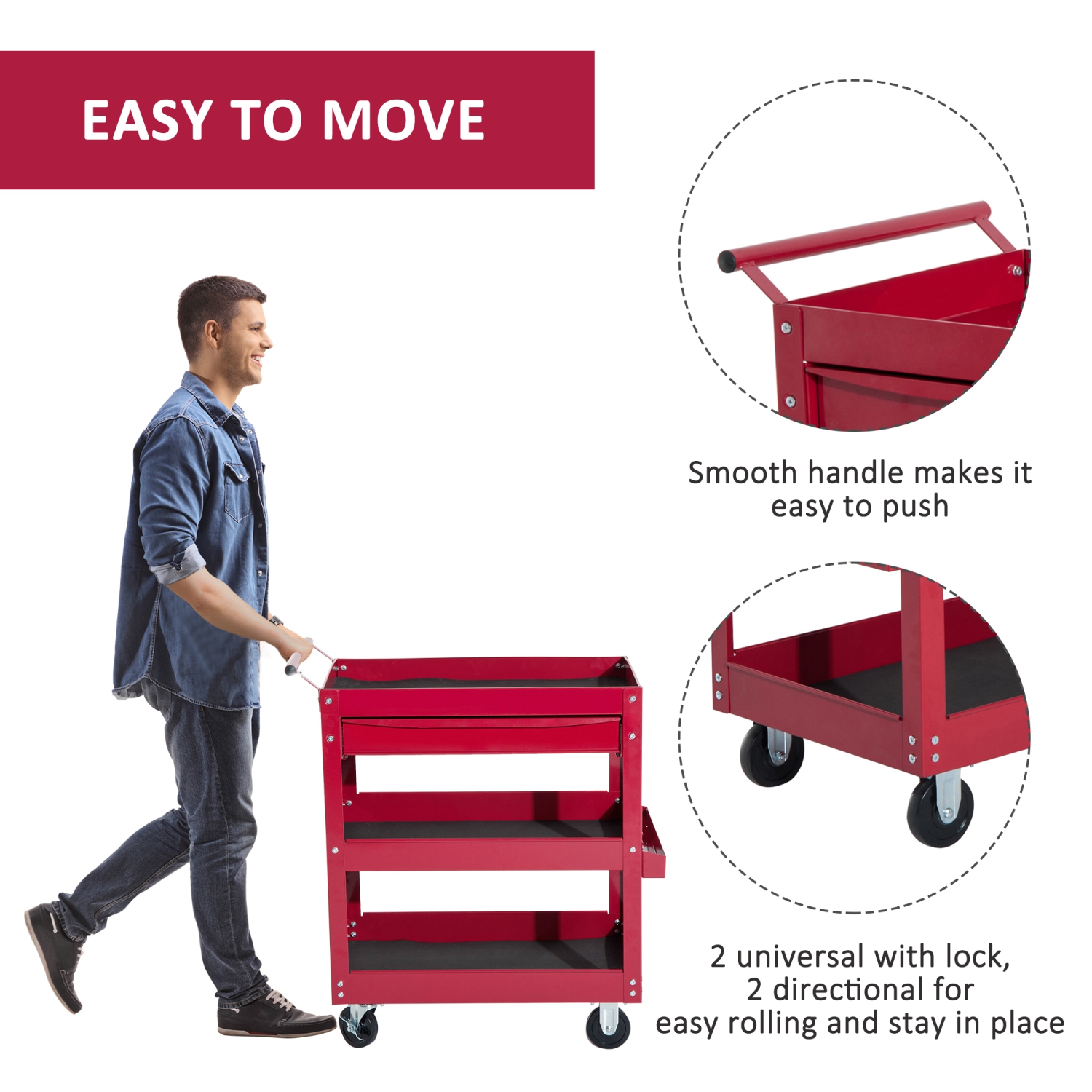 HOMCOM Rolling Tool Cart 3 Tray 1 Drawer Storage Chest Garage Utility Red