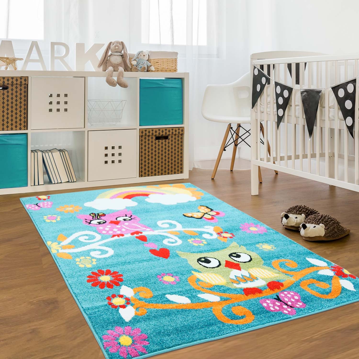 Tapis d’appoint hibou pour enfants de Moda turquoise 6 pi 2 po x 9 pi 2 po