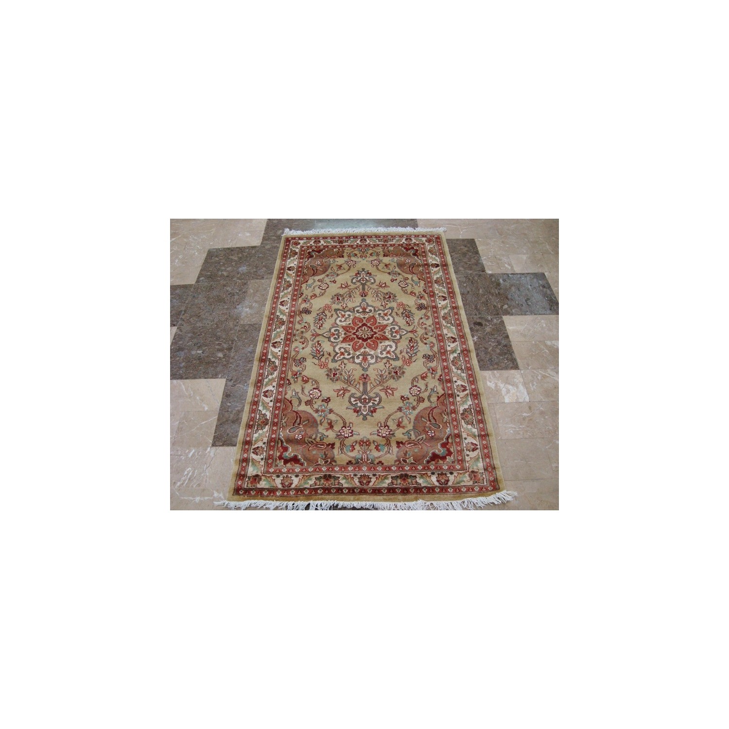 Ahmedani Wow Cream Ivory Floral Oriental Hand Knotted Wool Silk Carpet 4.11' x 3.0' Area Rug - Cream/Ivory