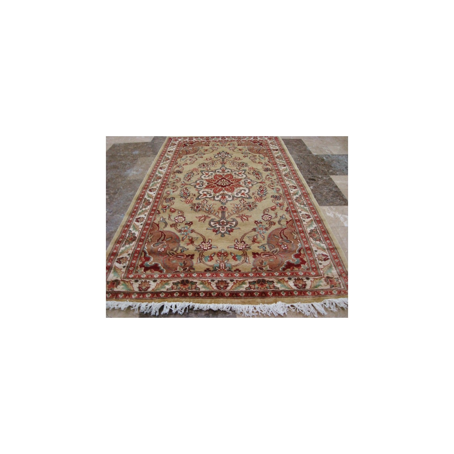 Ahmedani Wow Cream Ivory Floral Oriental Hand Knotted Wool Silk Carpet 4.11' x 3.0' Area Rug - Cream/Ivory