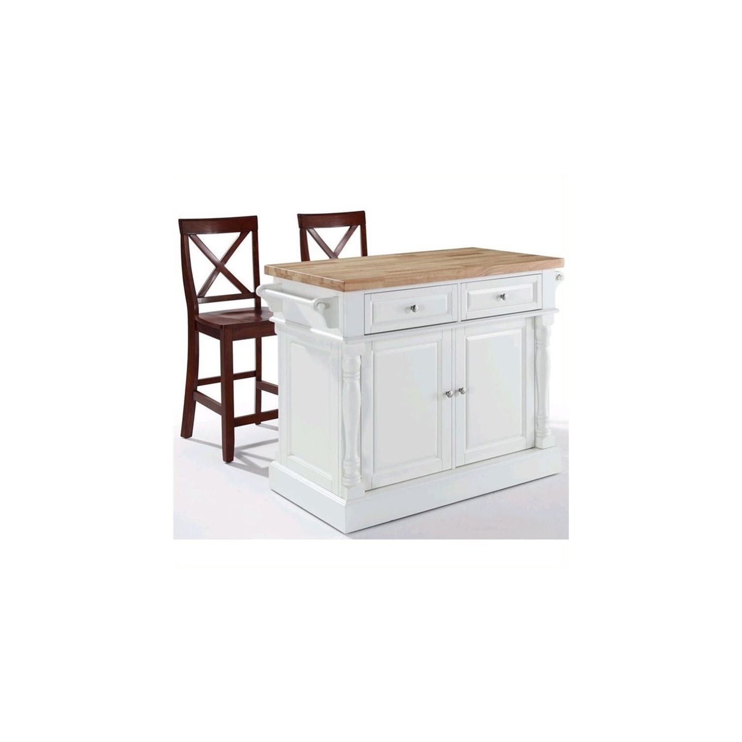 Crosley Oxford Butcher Block Top Kitchen Island with X Back Stools in White