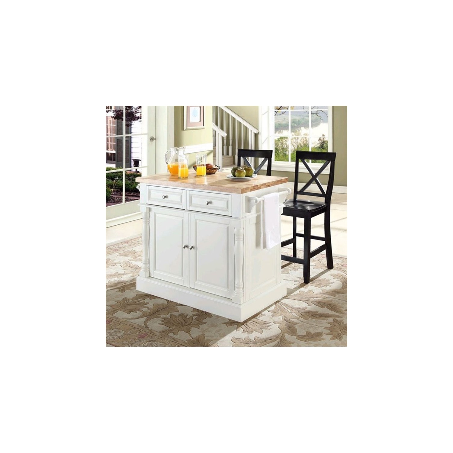 Crosley Oxford Butcher Block Top Kitchen Island with X Back Stools in White