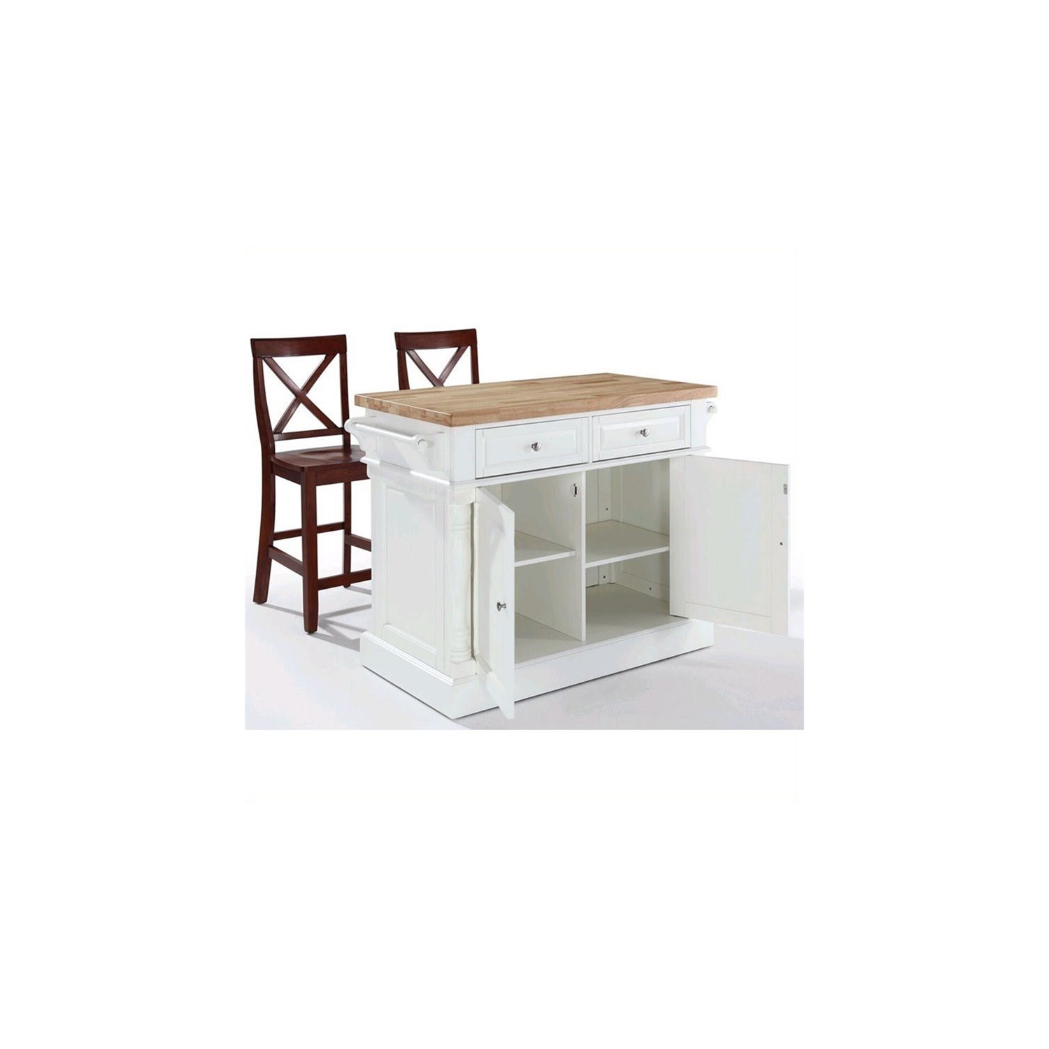 Crosley Oxford Butcher Block Top Kitchen Island with X Back Stools in White