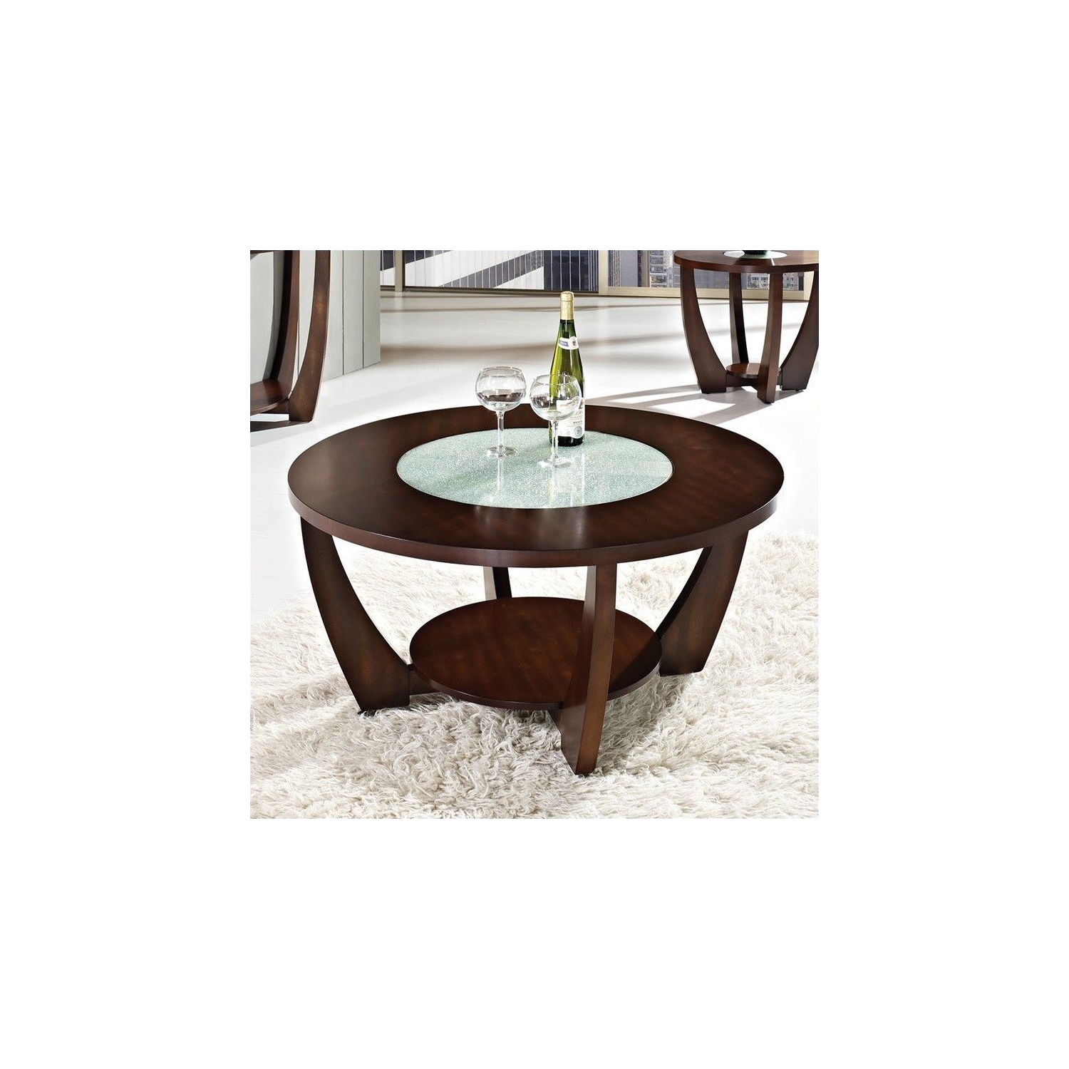 Rafael Wooden Cocktail Table in Cherry Finish with Glass inlay