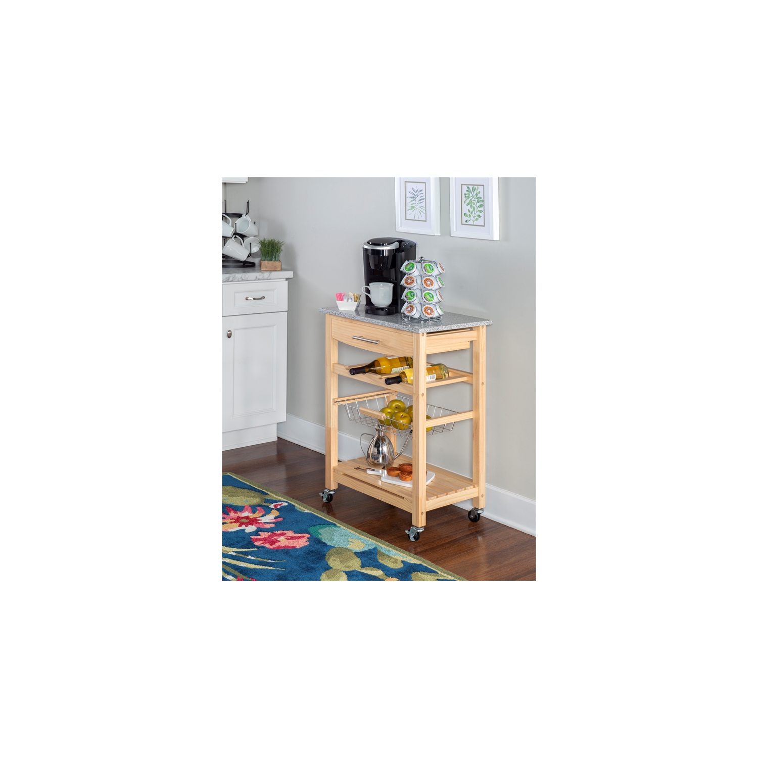 Linon Natalie Wood and Granite Top Kitchen Cart in Natural Brown