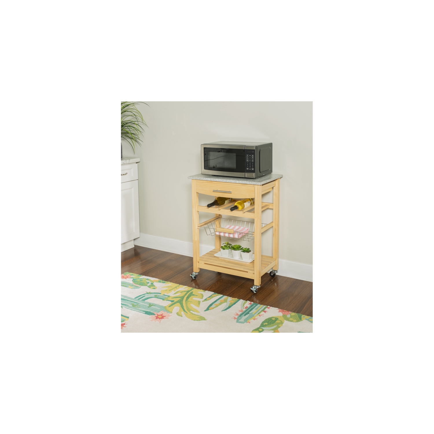 Linon Natalie Wood and Granite Top Kitchen Cart in Natural Brown