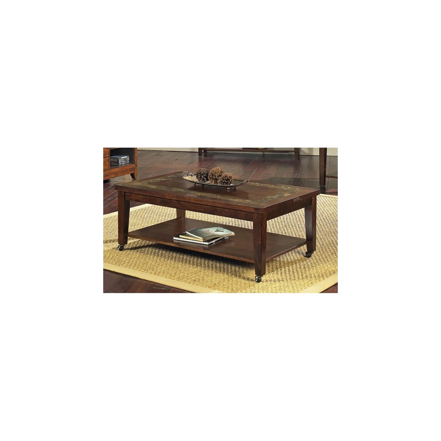 Davenport Slate Cocktail Table with Locking Casters with Brown Cherry Finish