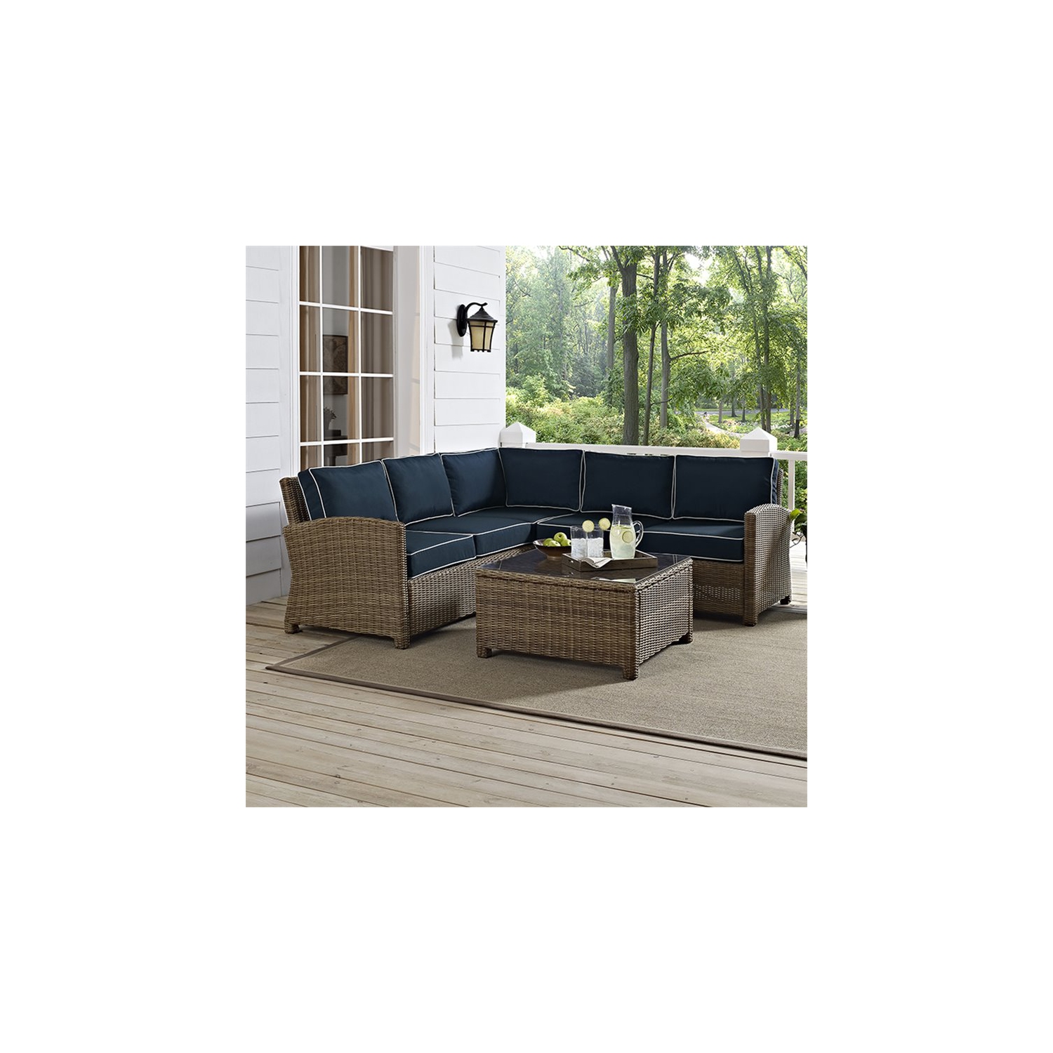 Crosley Bradenton 4 Piece Wicker Patio Sectional Set in Brown and Navy