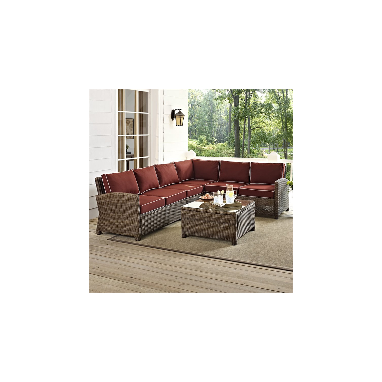 Crosley Bradenton 5 Piece Wicker Patio Sectional Set in Brown and Sangria