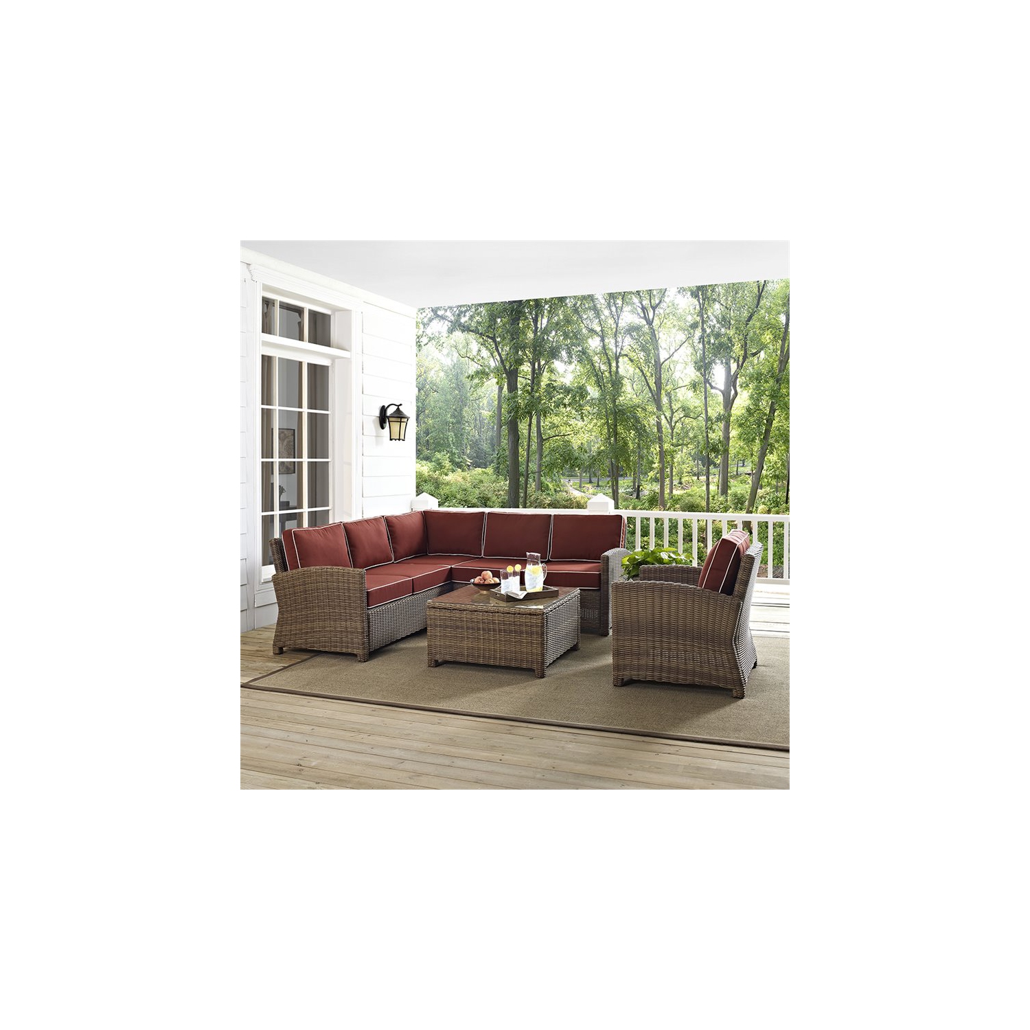 Crosley Bradenton 5 Piece Wicker Patio Sectional Set in Brown and Sangria