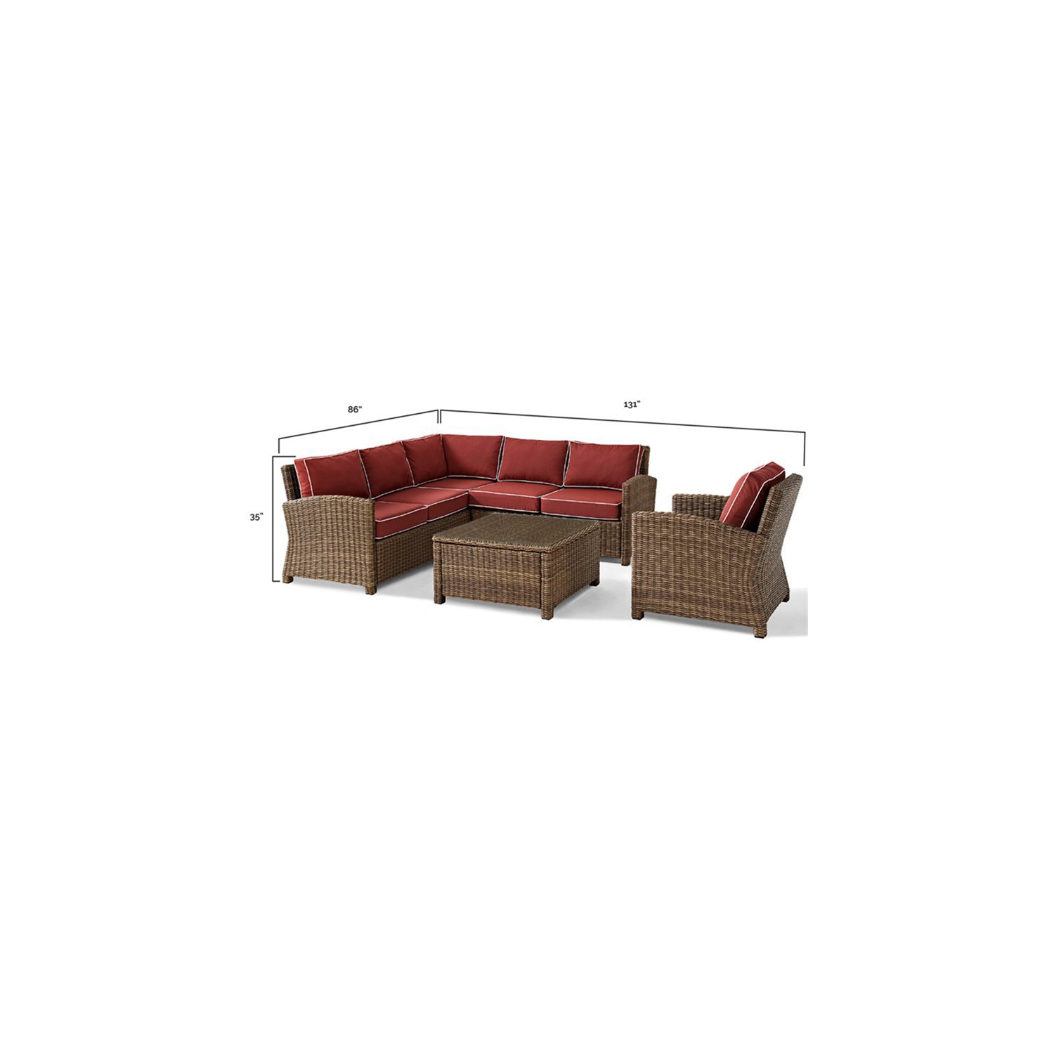 Crosley Bradenton 5 Piece Wicker Patio Sectional Set in Brown and Sangria