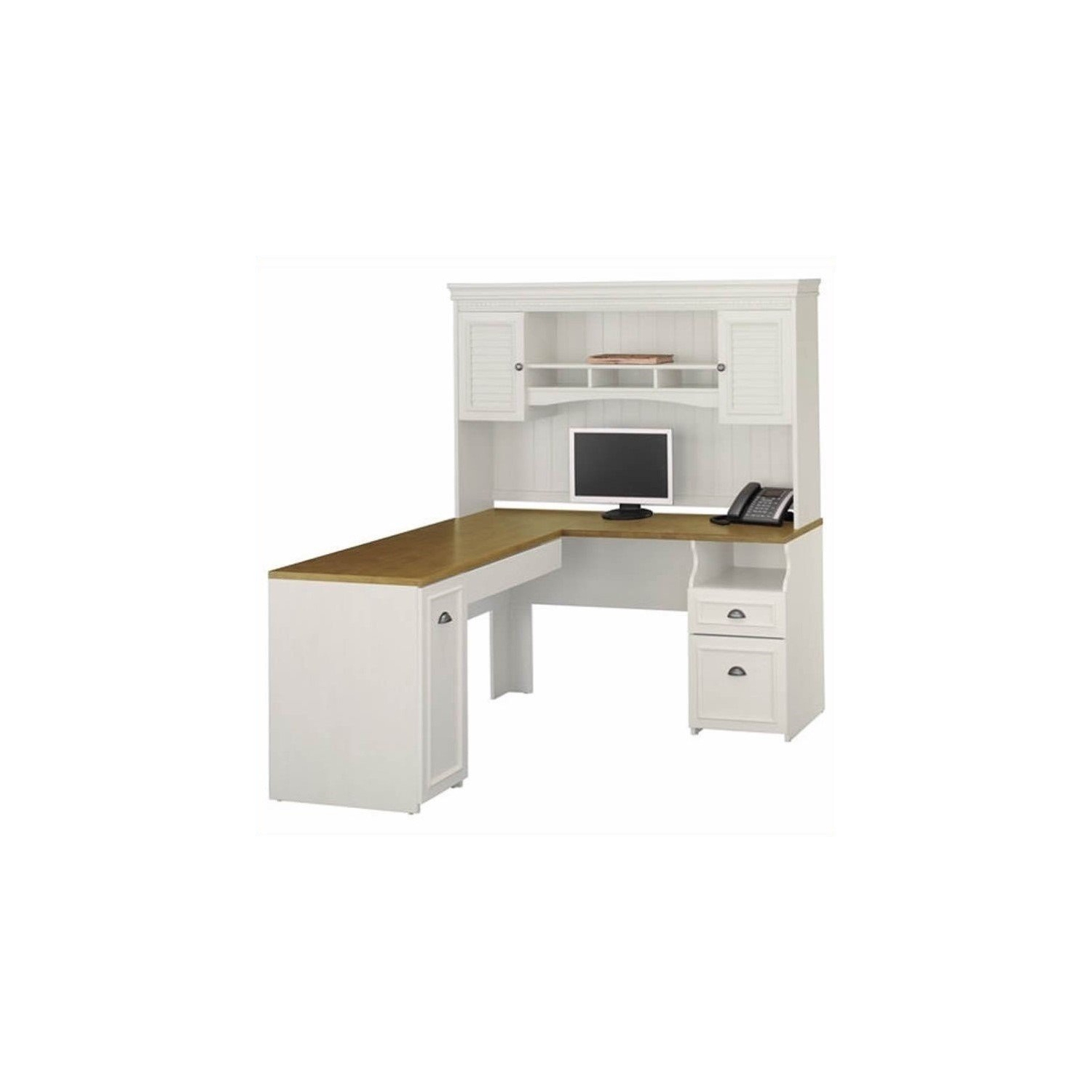 Bush – Bureau d’ordinateur Fairview en L de 60 po avec étagère, blanc antique