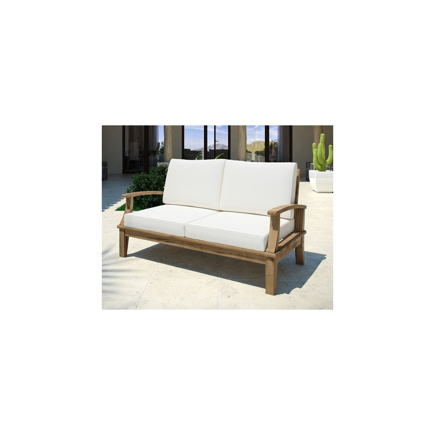 Modway Marina Outdoor Teak Loveseat in Natural and White