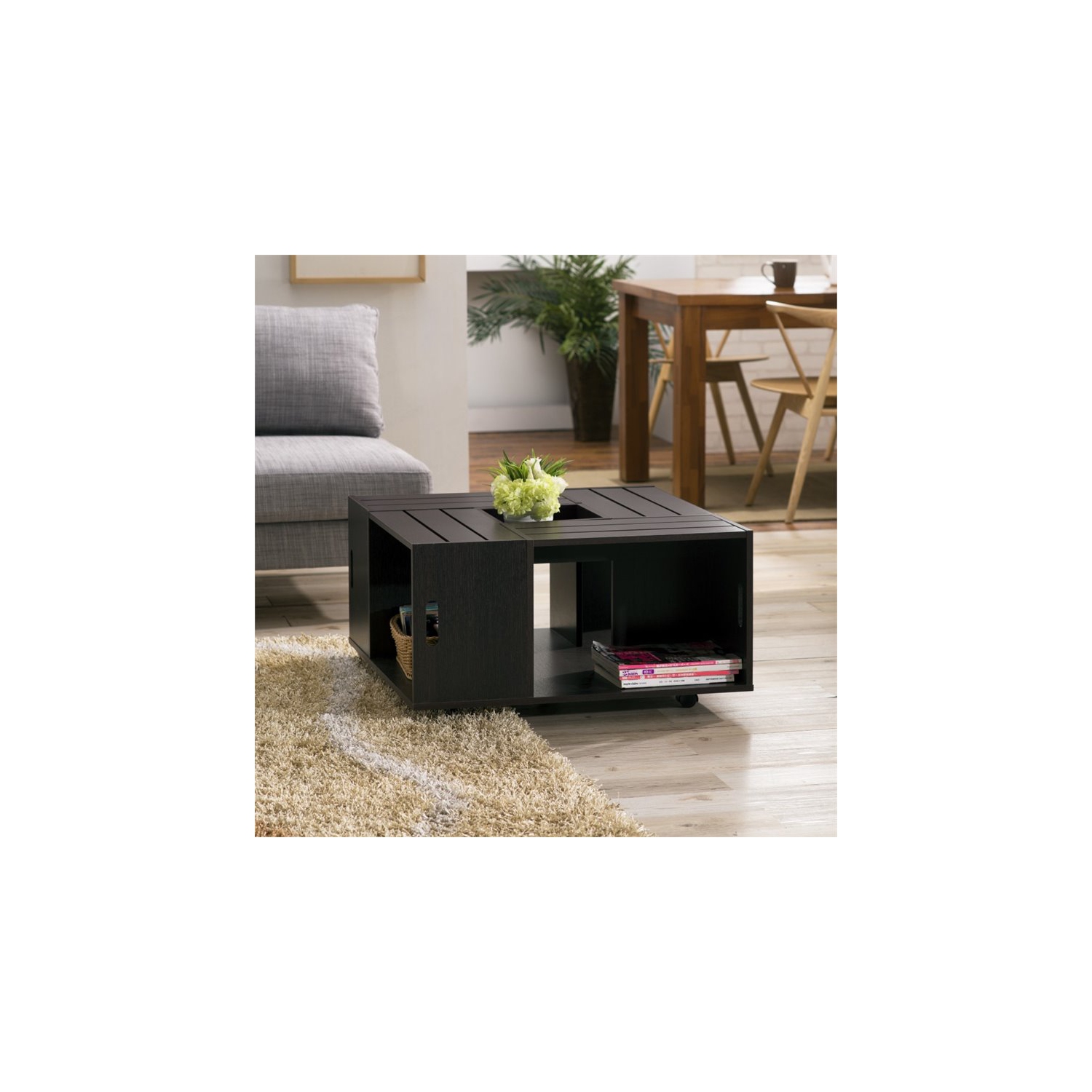 Furniture of America Conteery Wood Coffee Table with Casters in Espresso