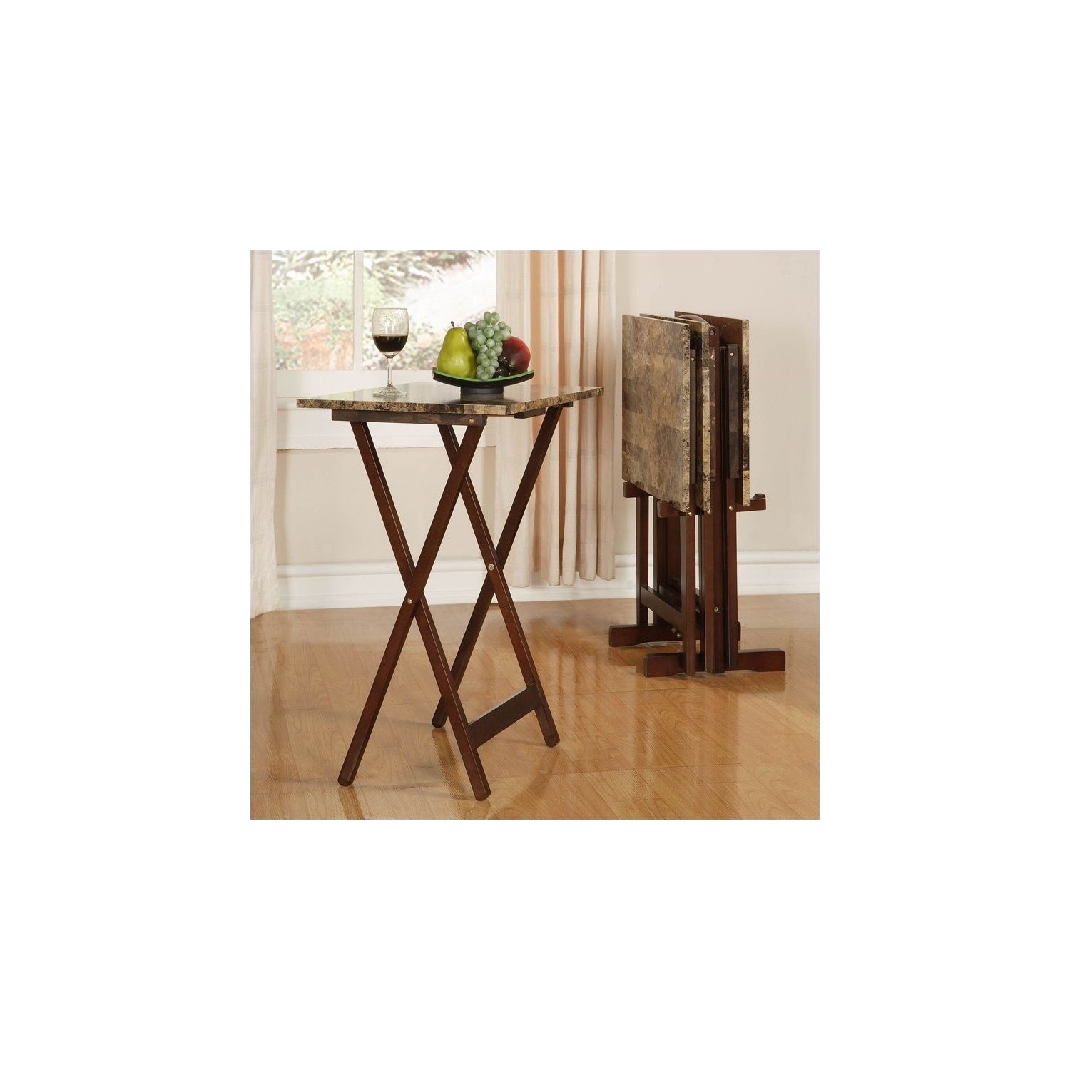 Linon Faux Marble Wood Five Piece Tray Table Set in Brown