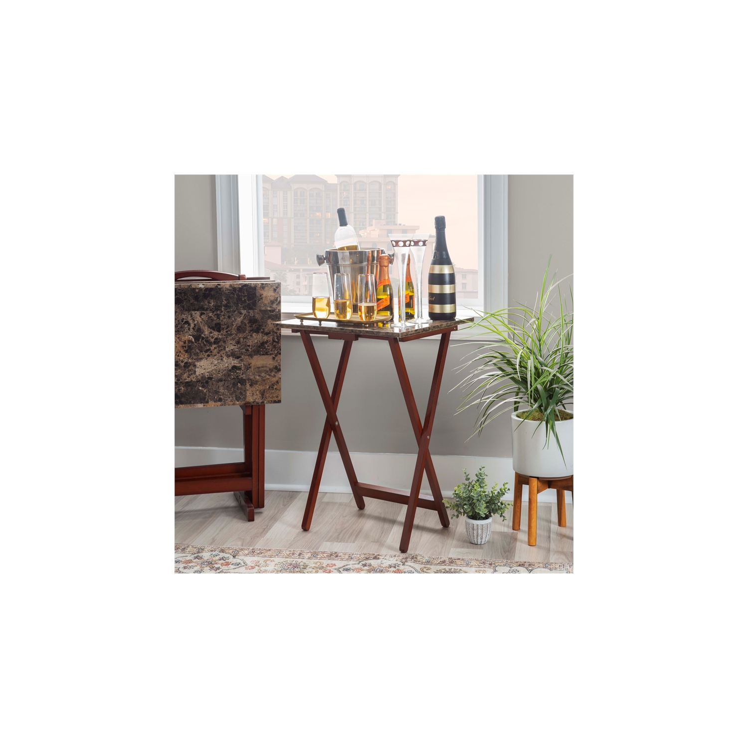 Linon Faux Marble Wood Five Piece Tray Table Set in Brown