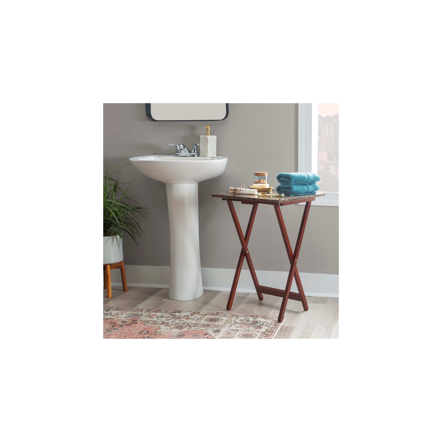 Linon Faux Marble Wood Five Piece Tray Table Set in Brown