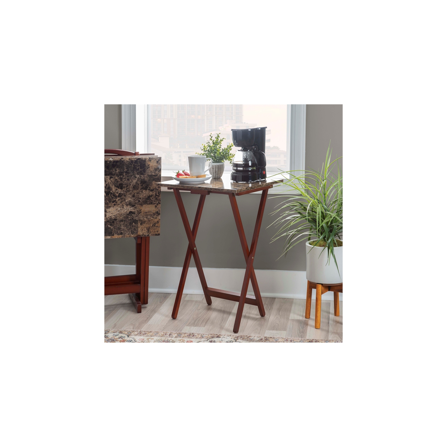 Linon Faux Marble Wood Five Piece Tray Table Set in Brown