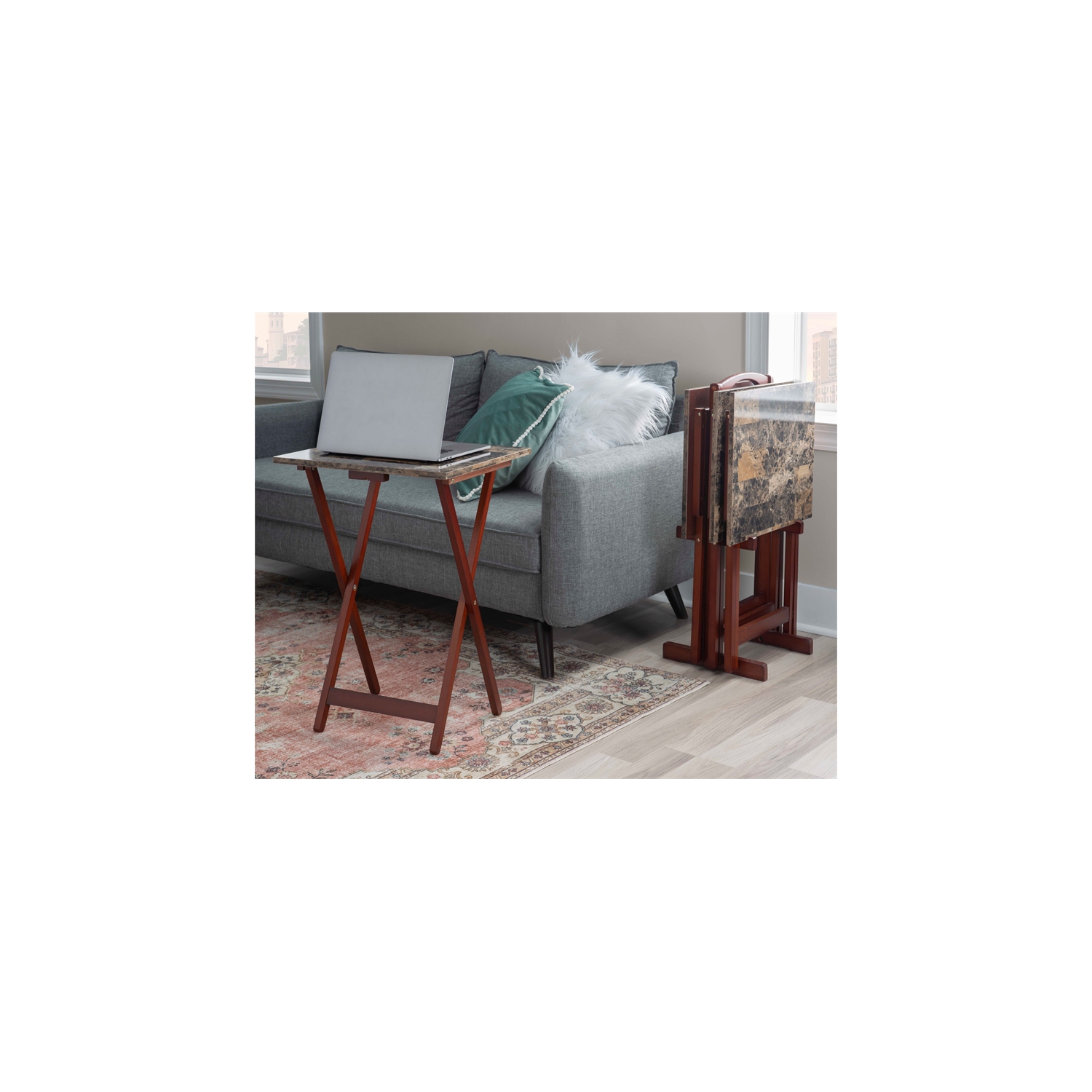 Linon Faux Marble Wood Five Piece Tray Table Set in Brown