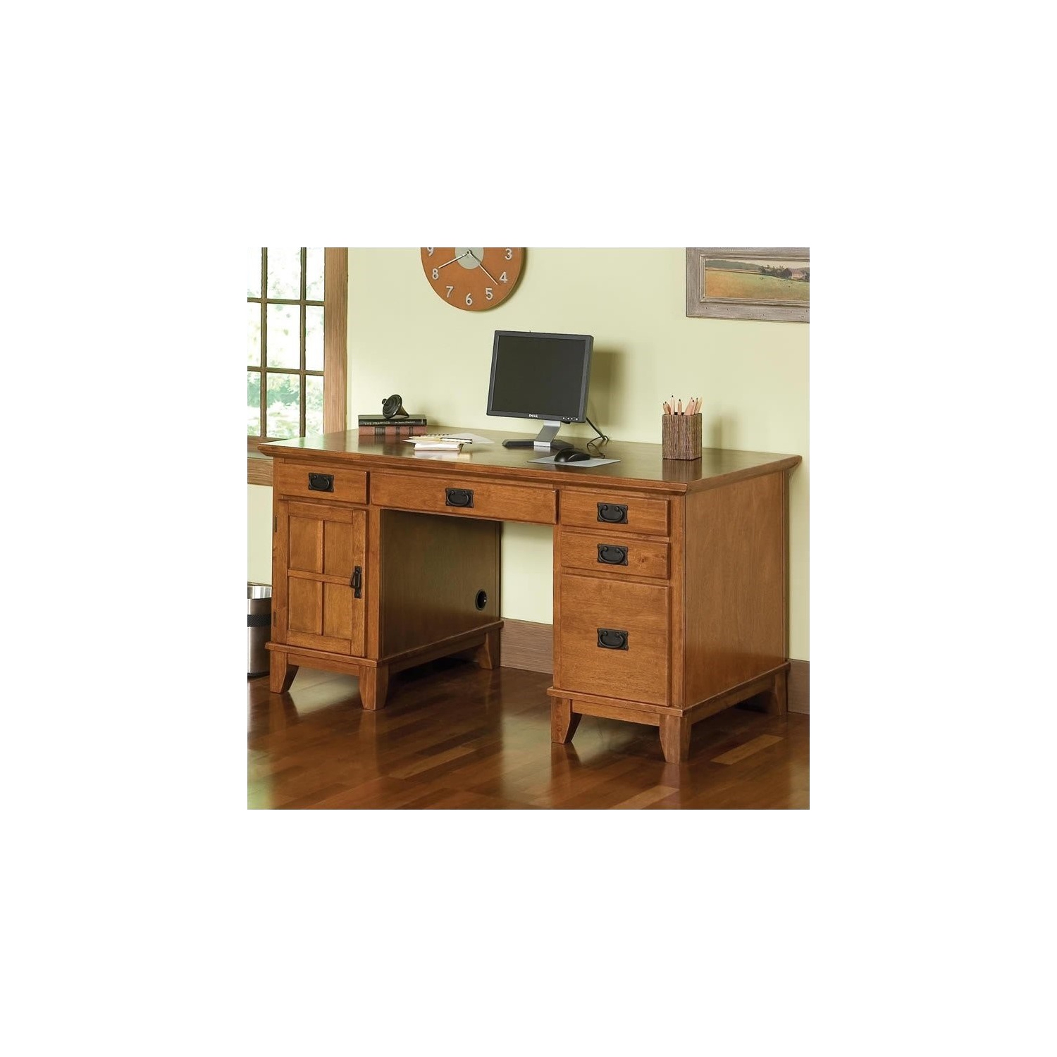 Homestyles Arts & Crafts Wood Pedestal Desk in Brown