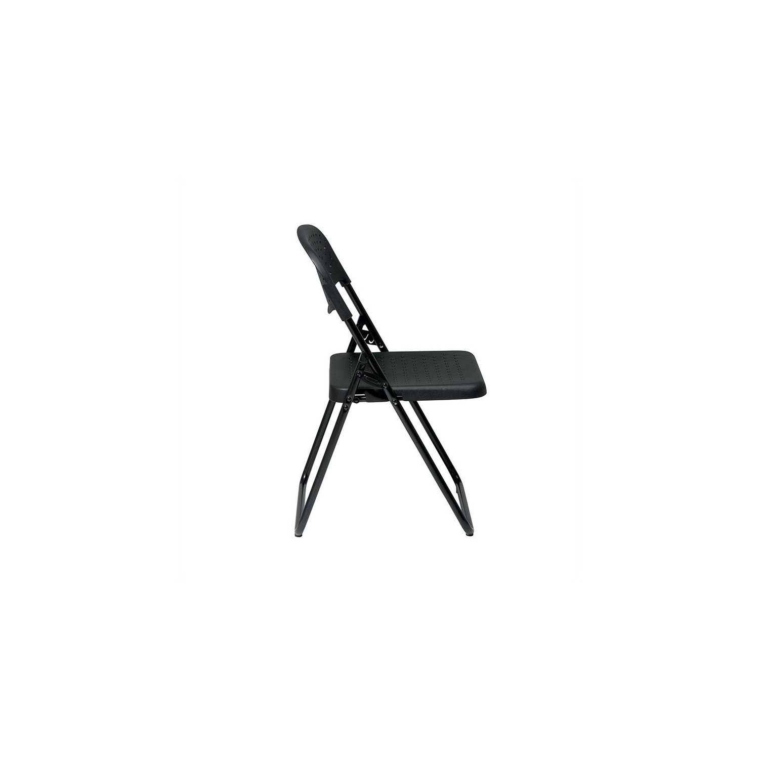 Chaise pliante avec siège et dossier en plastique noir et cadre noir.