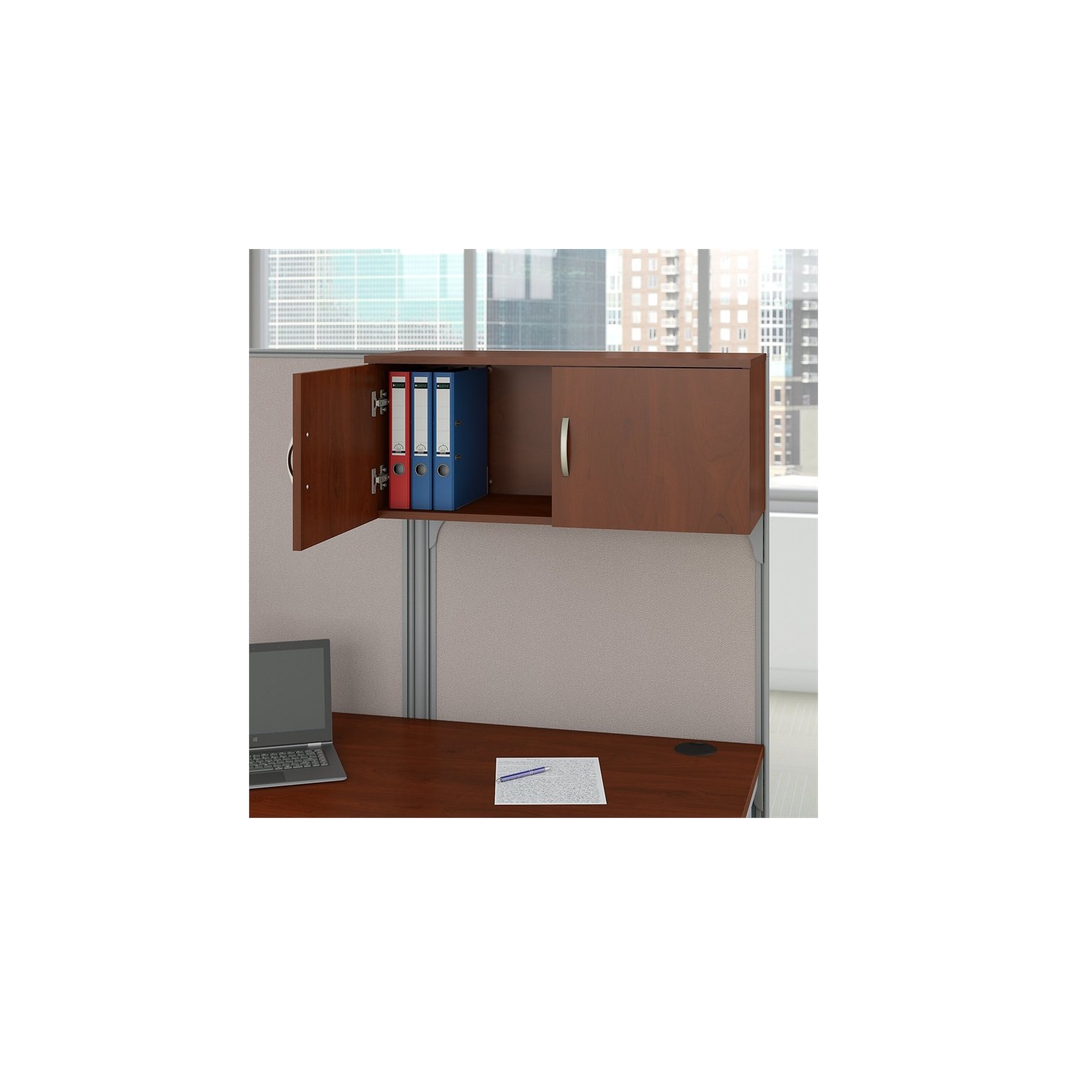 Office in an Hour L Shaped Cubicle Workstation with Storage in Cherry