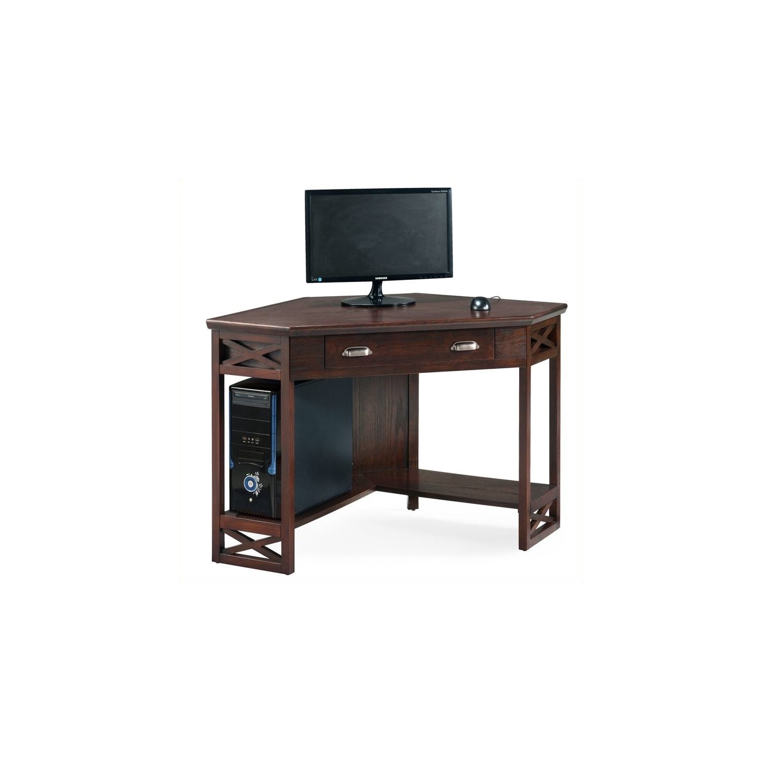 Leick Furniture Wood Corner Computer Writing Desk in Chocolate Oak