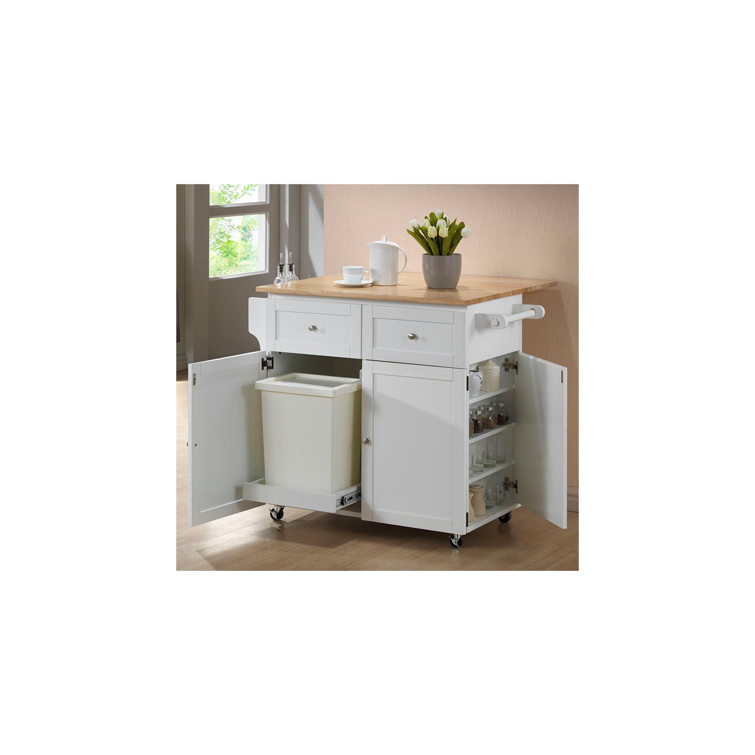 Coaster Kitchen Cart with Drop Leaf in Natural Brown and White