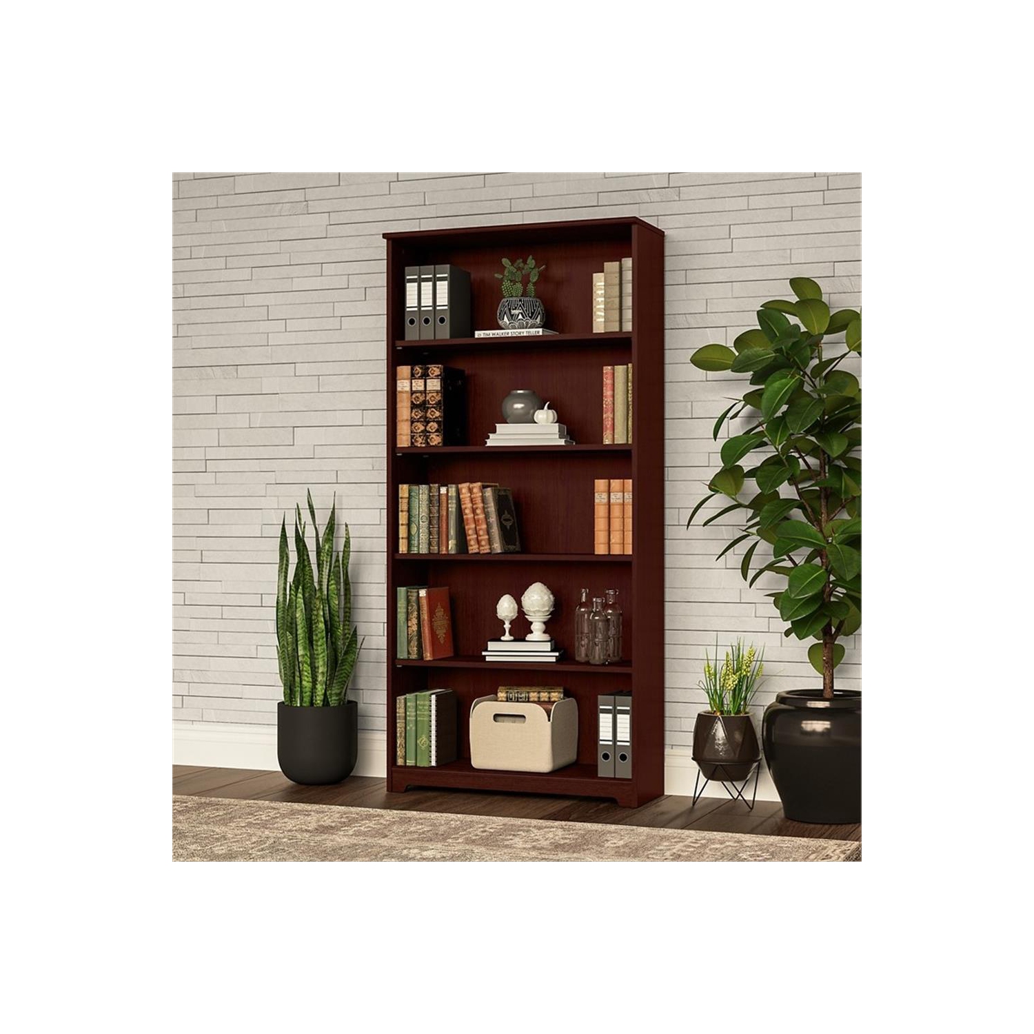 Bush Cabot 5-Shelf Engineered Wood Tall Bookcase in Harvest Cherry