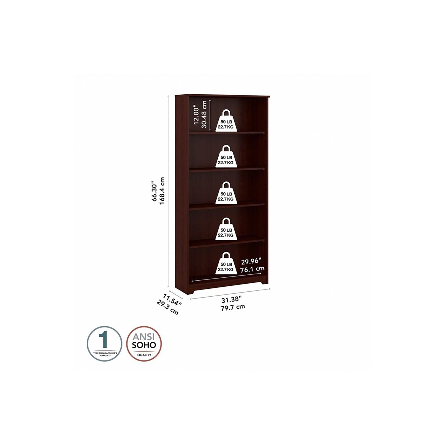 Bush Cabot 5-Shelf Engineered Wood Tall Bookcase in Harvest Cherry